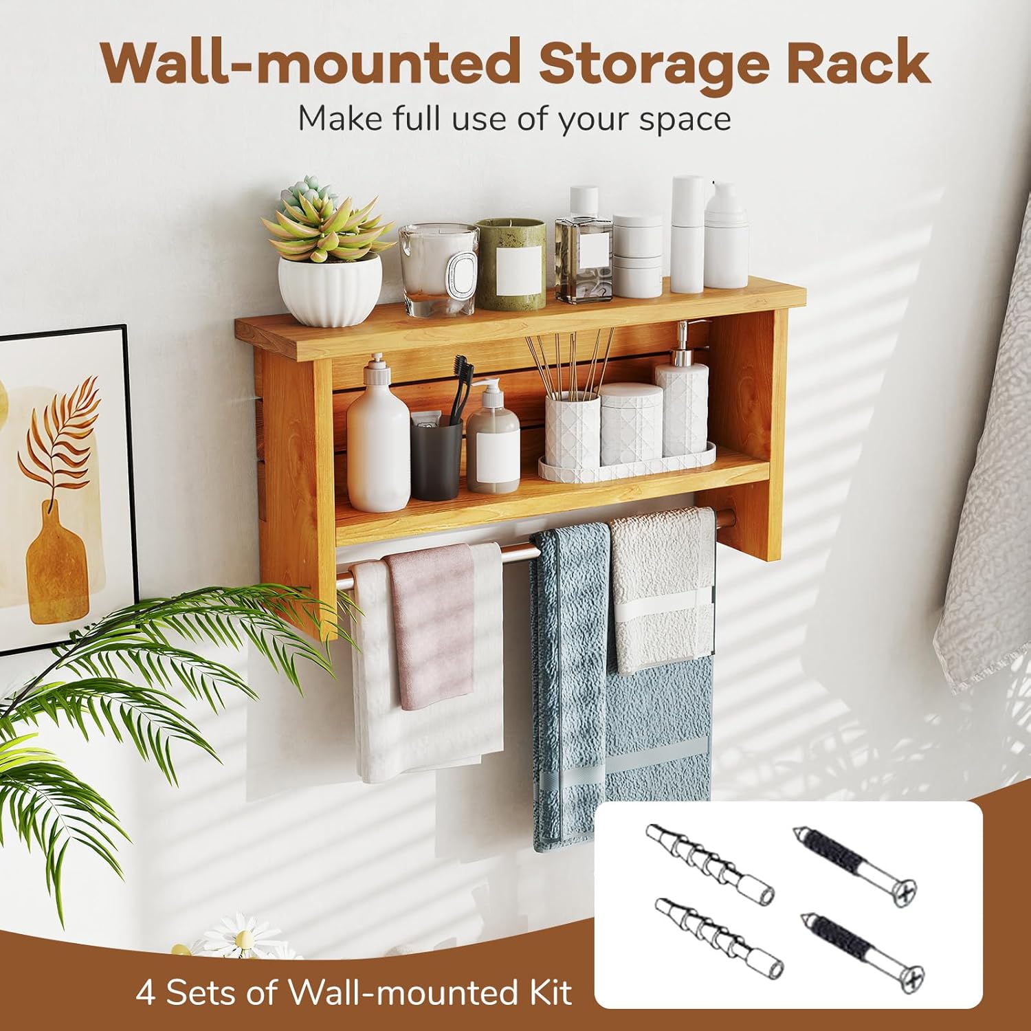 Giantex Bathroom Wall-Mounted Storage Shelf, 3-Tier Solid Teak Wood Bathroom Shelf with Towel Bar, Stainless Steel Hanging Rod, Space-Saving Organizer Display Rack for Kitchen, Entryway, Living Room