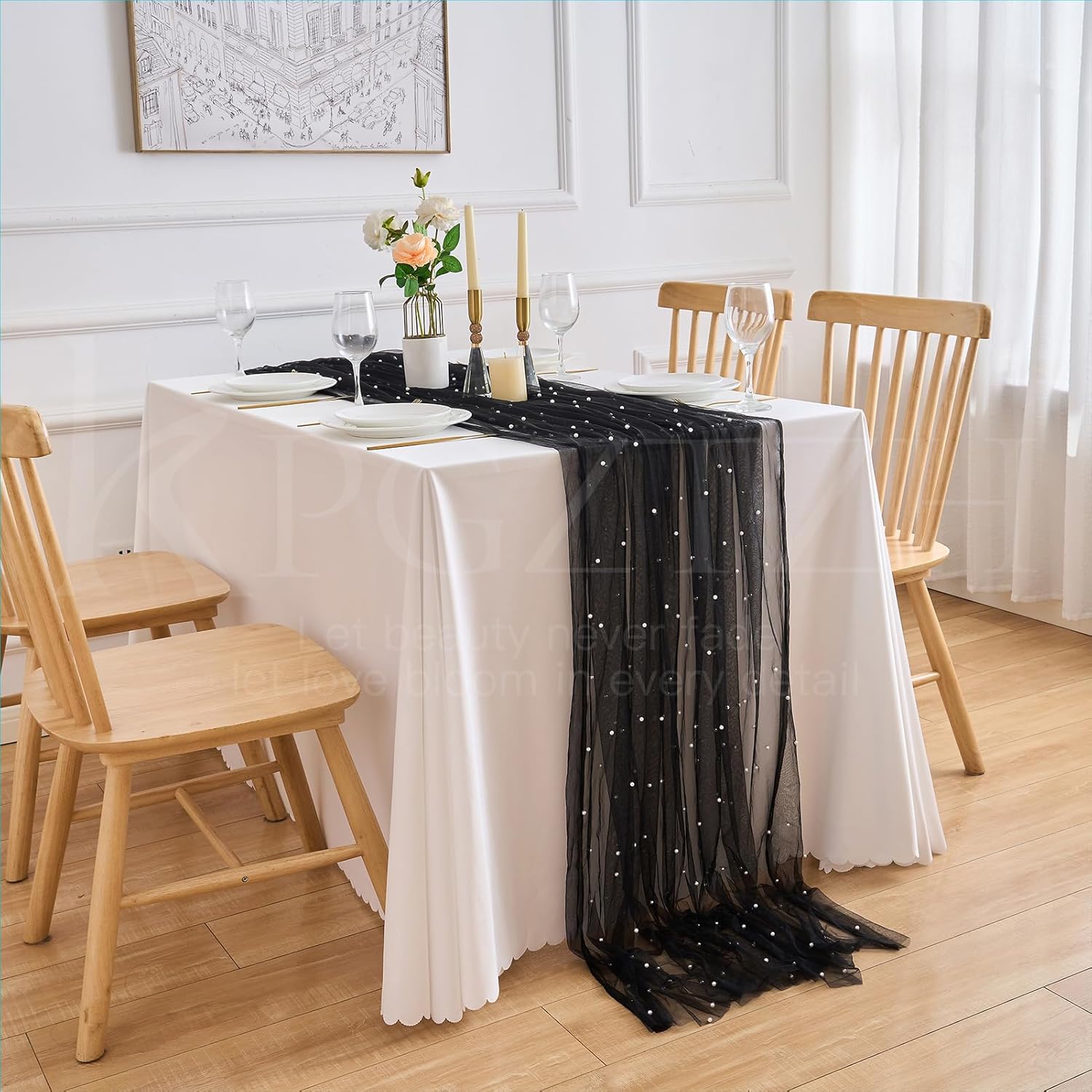 Pearl Black Table Runner Wedding Decor:Pearl Chiffon Table Runner Embellished Sheer Tablecloth Table Runners for Engagement Arch Dessert Table Decorations 150x300cm(59x118inch)