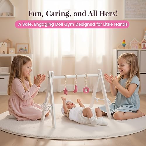 Miniatura 3 de BABESIDE Gimnasio de juego para muñecas de bebé, estante de madera para muñecas con juguetes colgantes, calcomanías de bricolaje, tiras