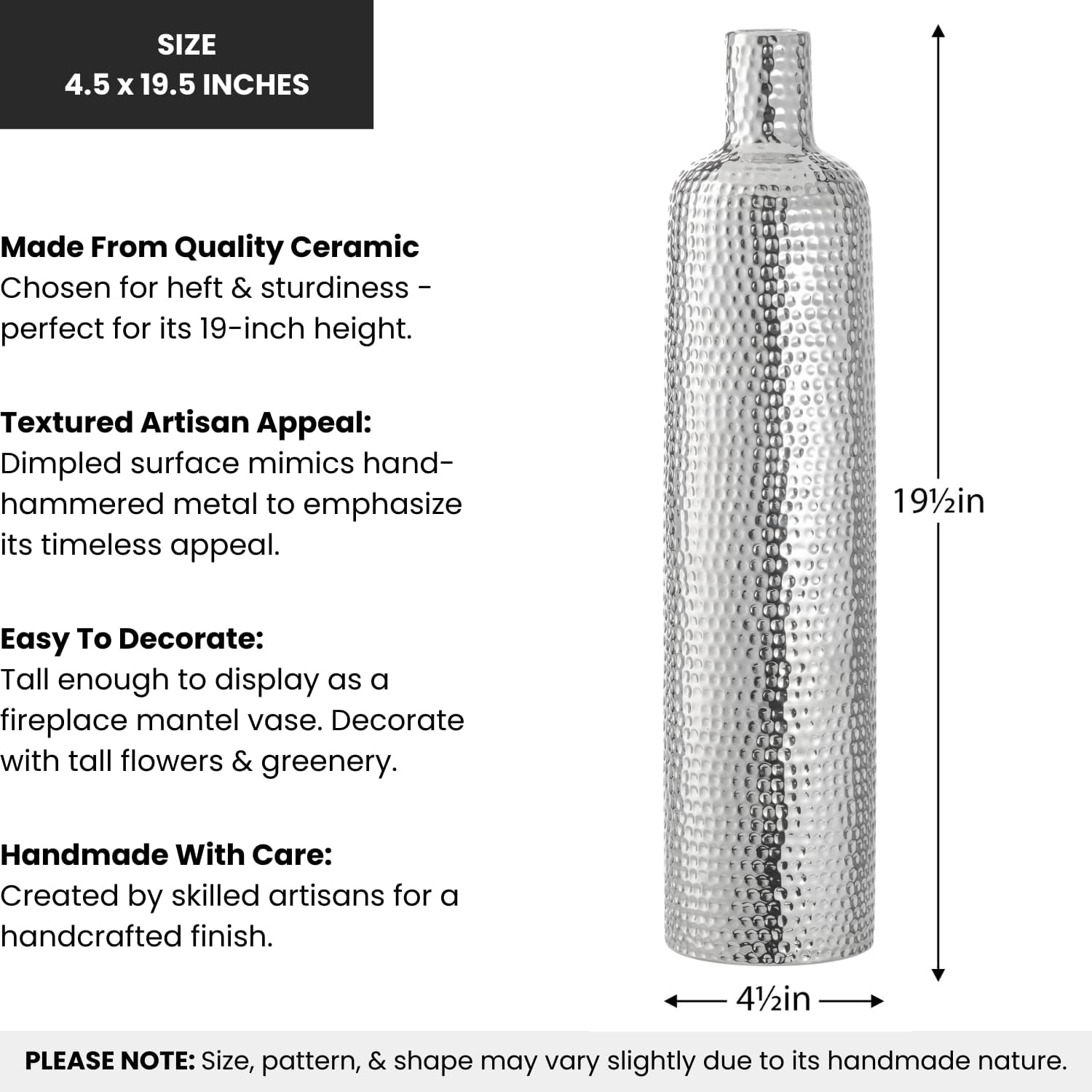 Torre & Tagus Helio 19 Inch Silver Ceramic Vase for Flowers - Handmade Tall Floor Vase with Hammered Textures in Electroplated Silver Finish (4.5x19.5 Inch)