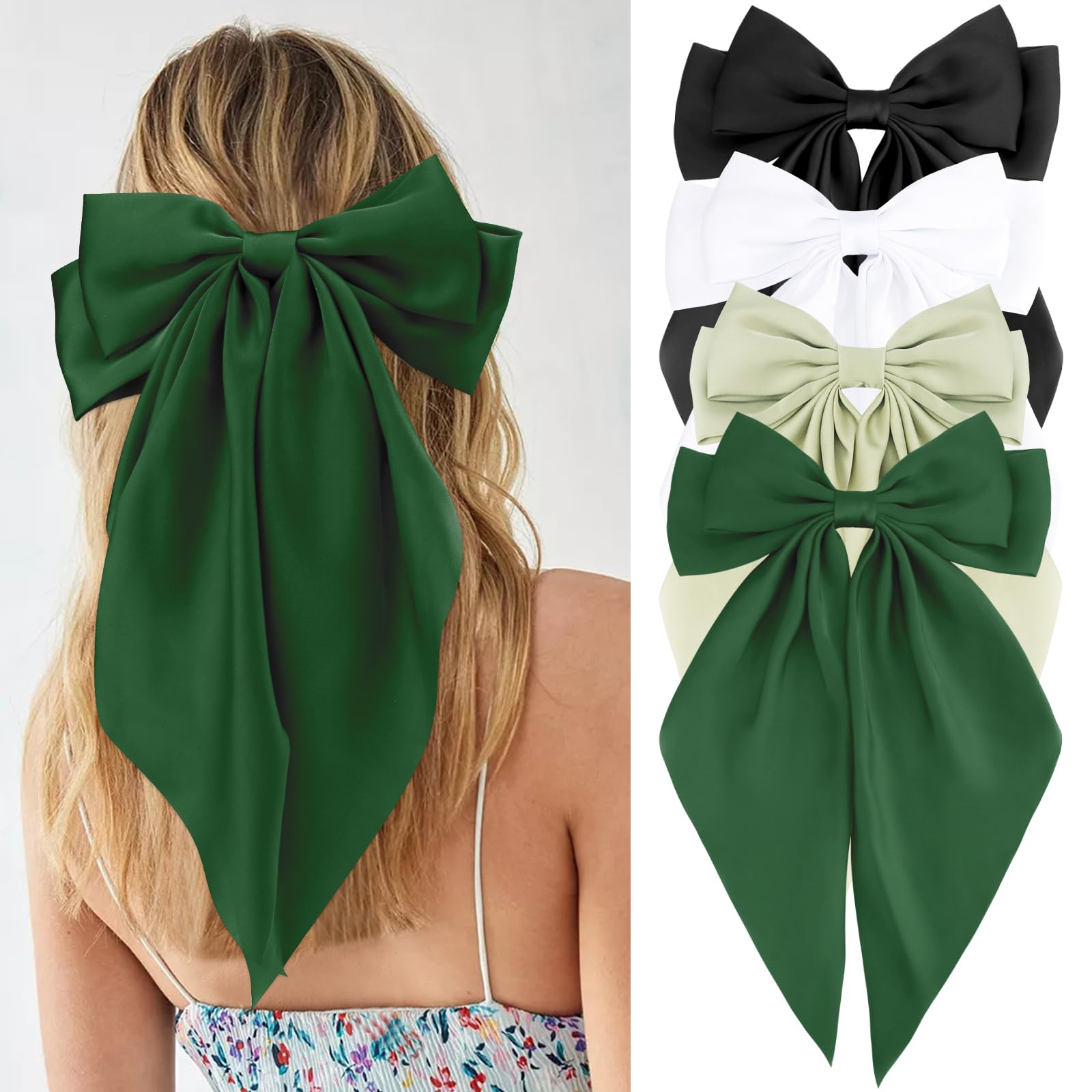 Velscrun Black White Green Dark Green Hair Bows for Women Girls, Silky Satin Large Coquette Bow, Oversized Hair Ribbons 4Pcs Big Bows Clip Long Tail