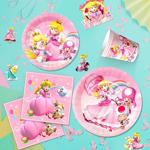 Miniatura 2 de Suministros para fiesta de cumpleaños de princesa melocotón, 114 piezas de decoraciones de fiesta de melocotón de princesa y juego de vajilla -