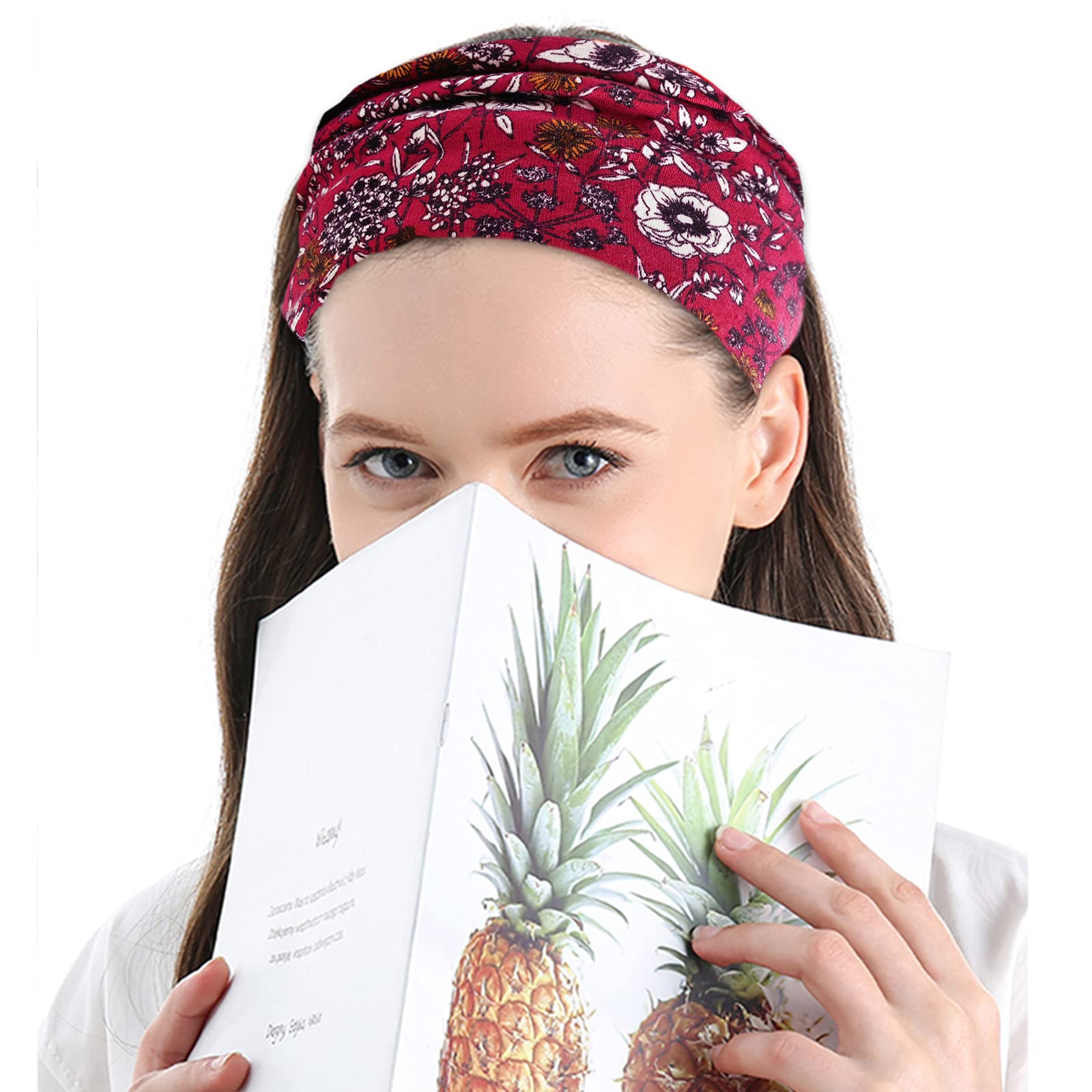 4 Pezzi Fasce per Capelli Donna, VEGCOO Fascia per Capelli Boho Stile Ragazze, Elastiche Larghe Accessori per Capelli con Stampa Floreale per Yoga, Corsa (B)