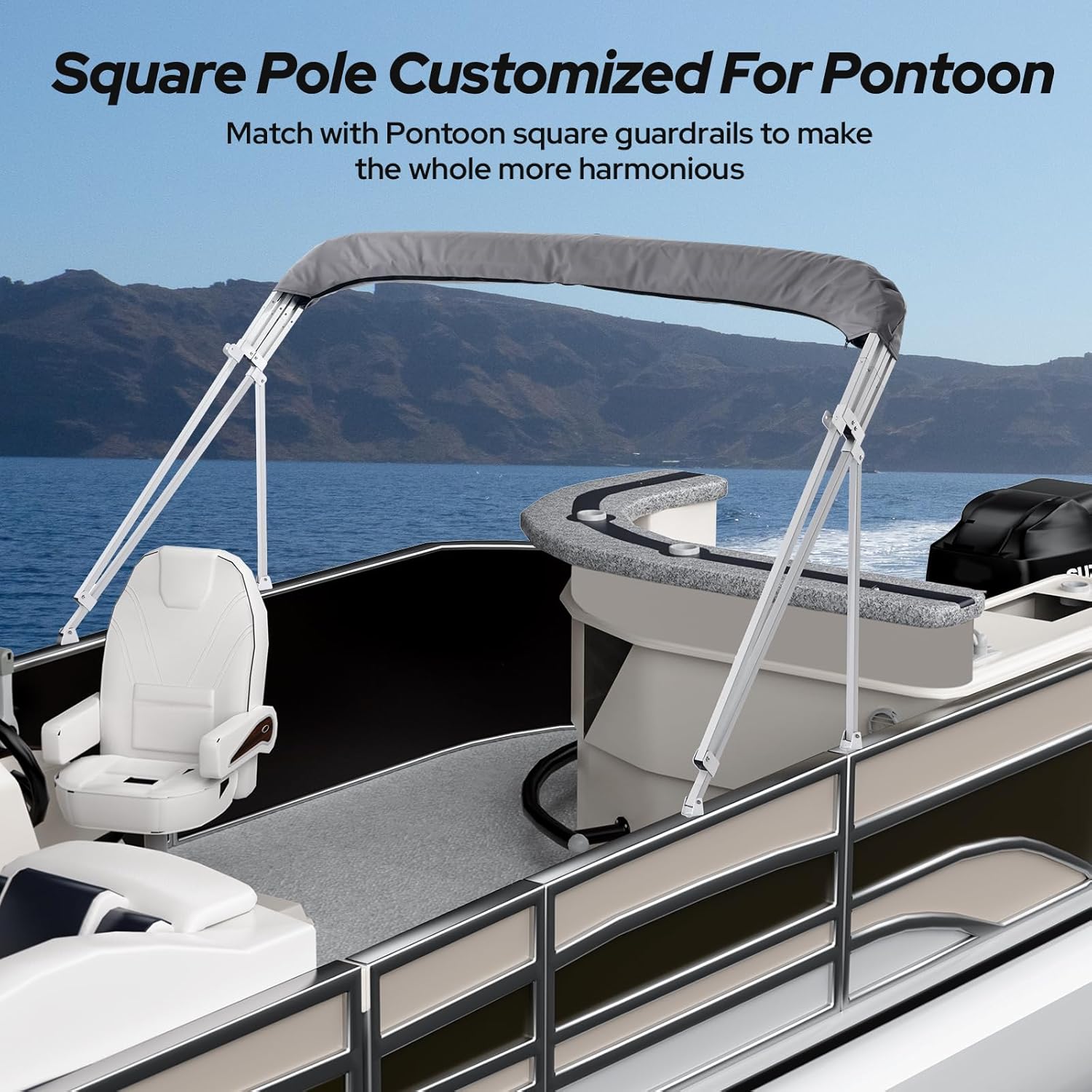 KAKIT Bimini Tops for Pontoon Boats with 2 Mesh Sidewalls Square Frame 600D Oxford Top with Rear Support Poles, Storage Boot 1 Inch Aluminum Frame(4 Bow 10'L 54" H 97"-103" W,Gray)