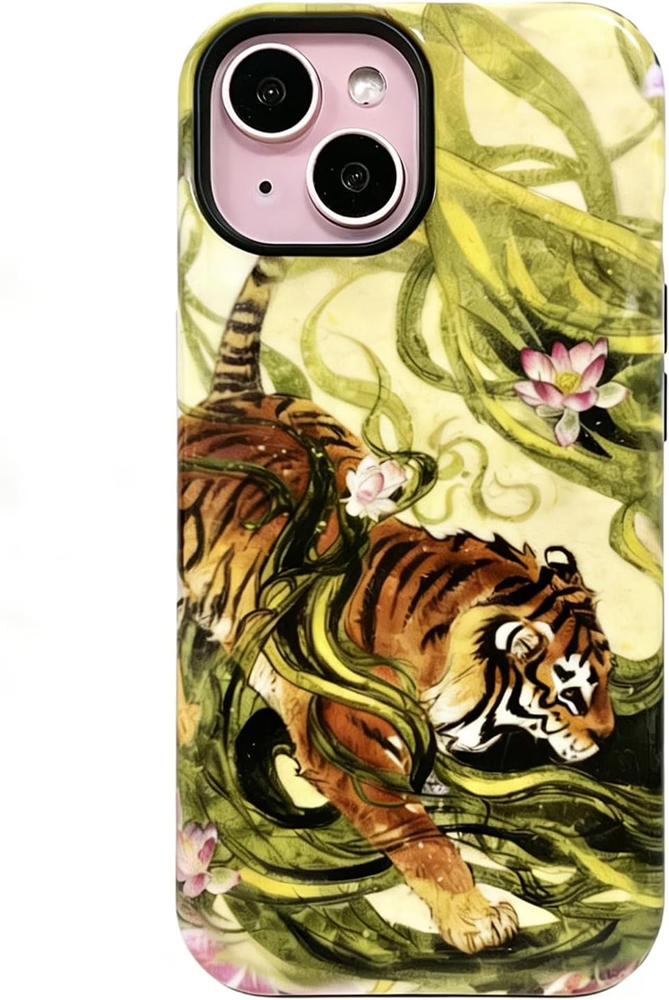 for iPhone 15 Phone Case Cute Retro Chinese-Style Tiger Animal Print Made of Hard PC Material, It Provides Full Protection with A Glossy Finish for Women Green