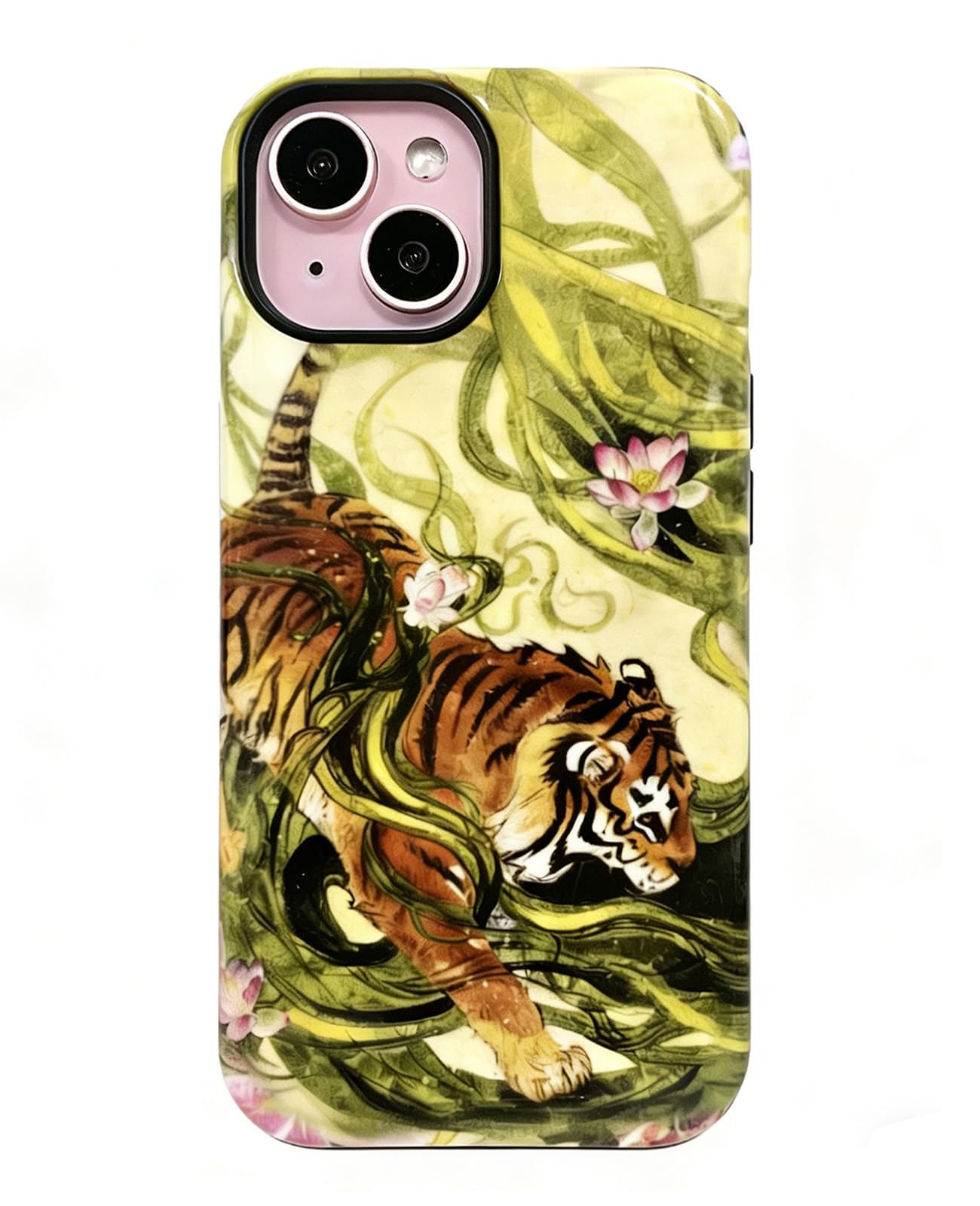 for iPhone 15 Phone Case Cute Retro Chinese-Style Tiger Animal Print Made of Hard PC Material, It Provides Full Protection with A Glossy Finish for Women Green