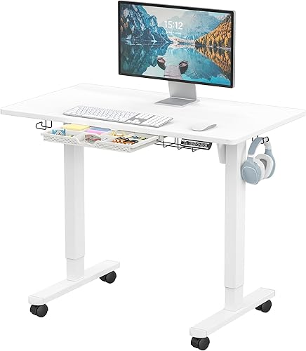 SHW 40-Inch Mobile Electric Height Adjustable Sit to Stand Desk with Drawer, Hanging Hooks and Cable Management, White Blanco