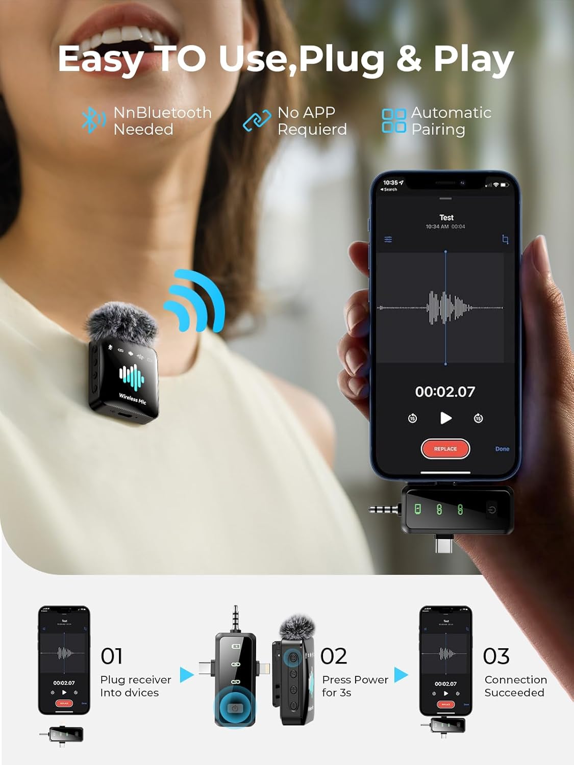 MENERESAS Wireless Lavalier Microphone for iPhone: Mini Microphone Noise Reduction - 328ft Transmission & 20H Battery Life for Video Recording, 3-in-1 Universal Camera & Android - Liquid Black, Clip