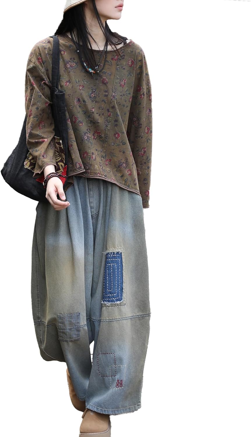 Women's High Waisted Barrel Jeans - Baggy Wide Leg Artisan Seamed Denim, Vintage Distressed Harem Pants