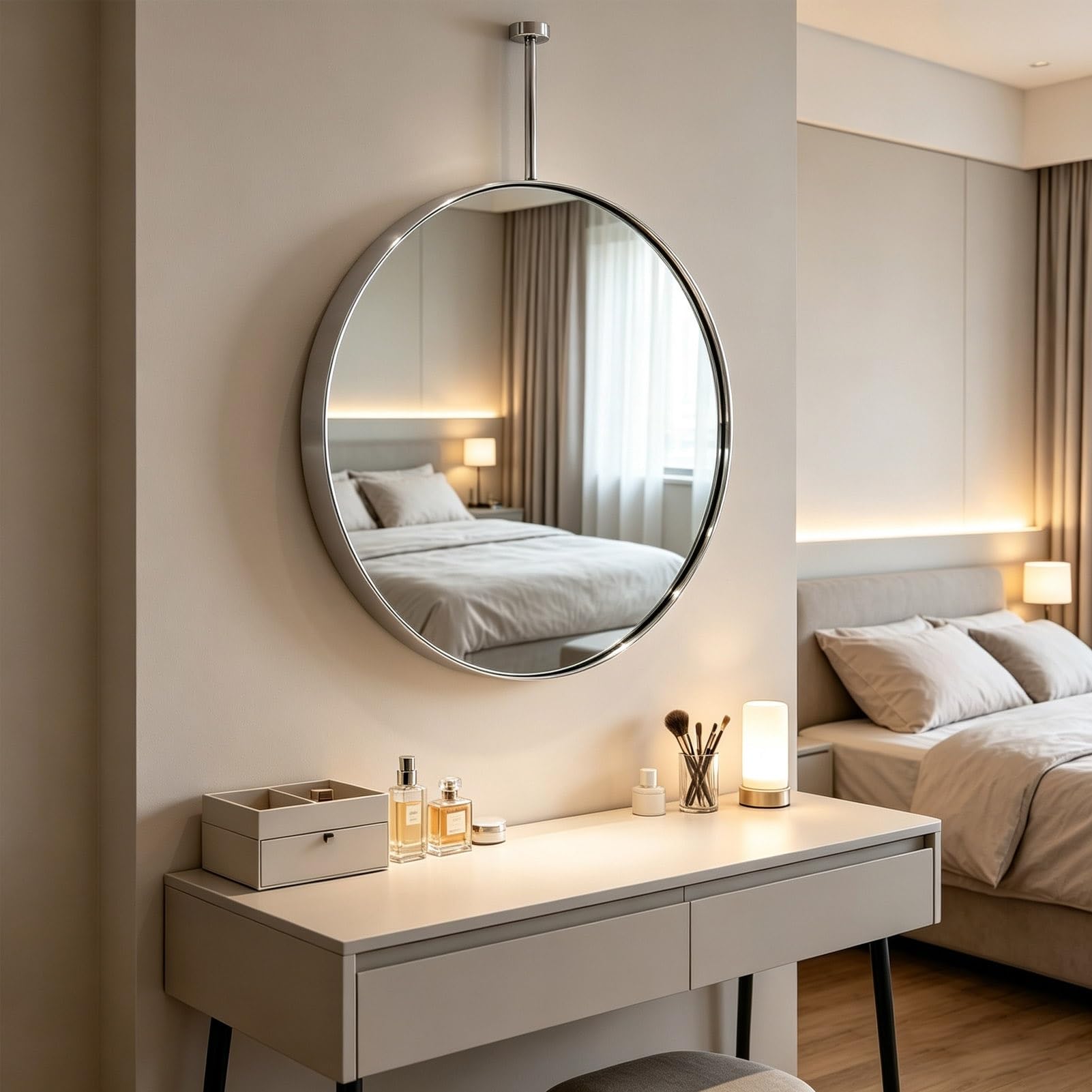 Gaommini Silver Oval Mirror for Bathroom Vanity, Stainless Steel Round Frame Wall Mirror with Ceiling Hanging Rod, Creative Decorative Mirror for Home Hotel(Diameter-40CM/15.7INCH)