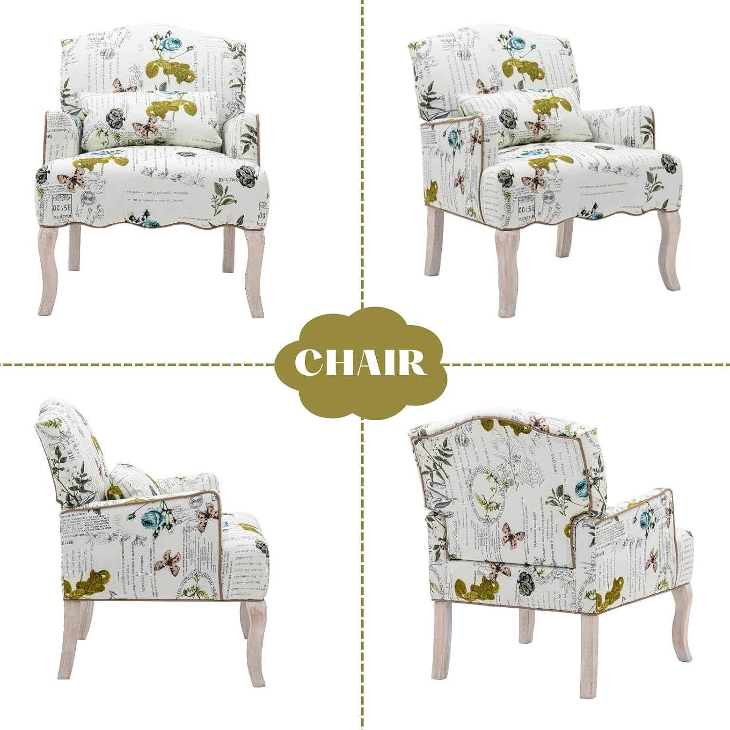 Floral Accent Chair with Arms Linen Fabric Modern Arm Chair with Removable Pillow Upholstered Corner Reading Chair Comfy Single Sofa for Living Room/Bedroom/Fireplace, Beige-Butterfly Pattern