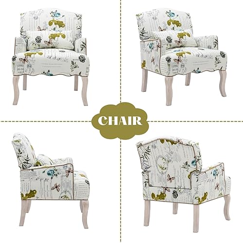 Miniatura 7 de Silla decorativa floral con brazos de tela de lino moderna con almohada extraíble, silla de lectura en esquina tapizada, cómodo sofá individual para