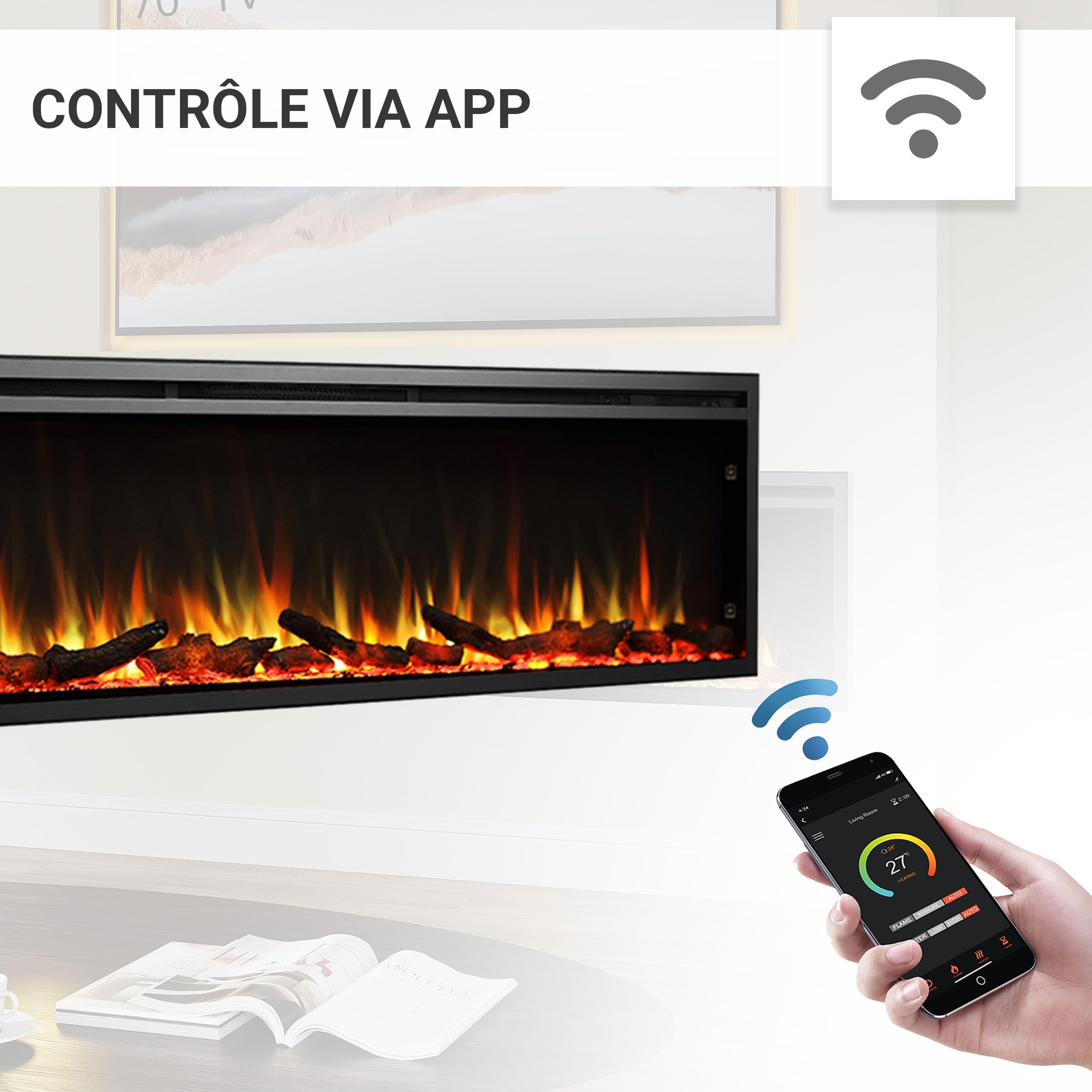 BALDERIA Atalanta 72 - Cheminee Electrique Effet Flamme LED, encastrable, WiFi