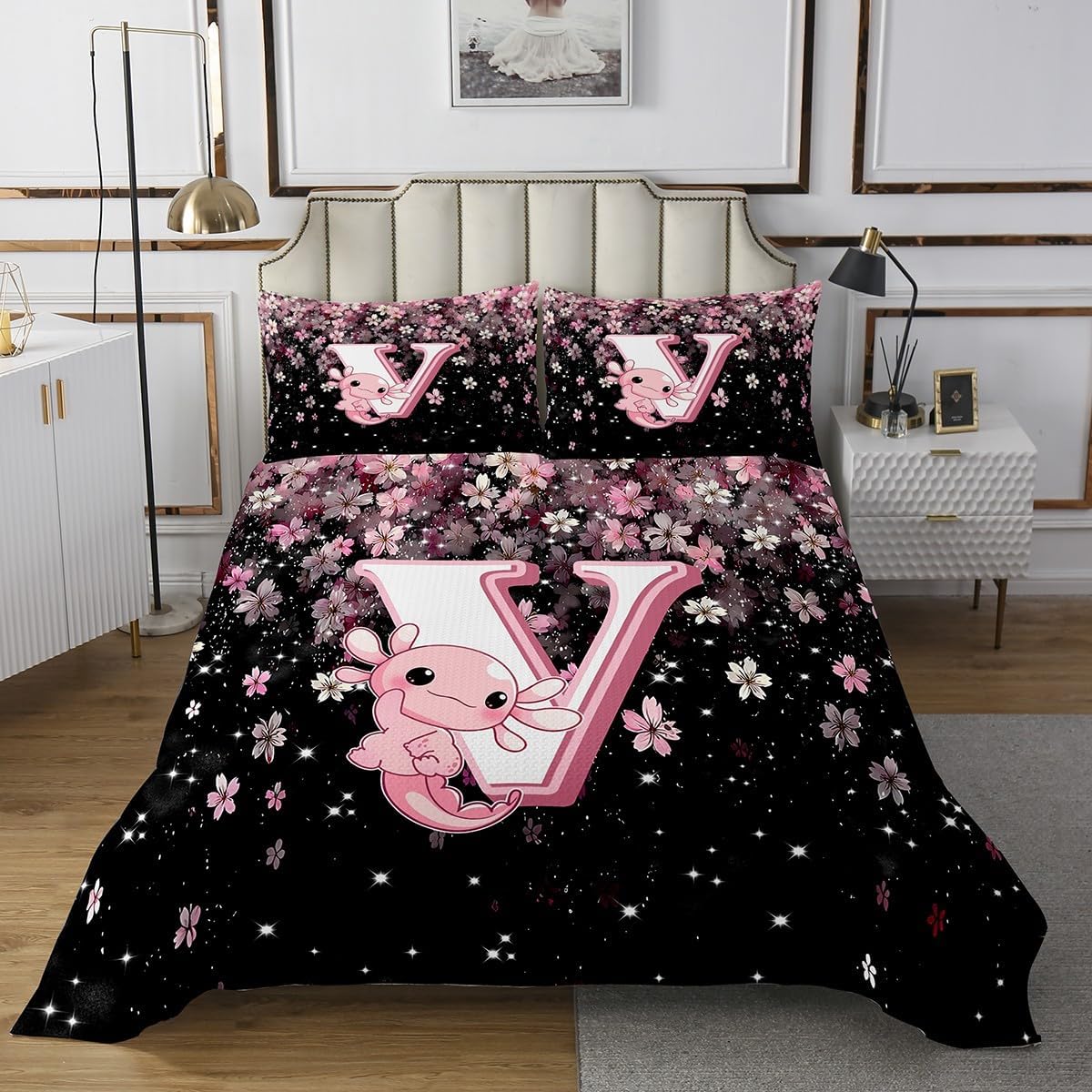 Erosebridal Pink Black Alphabet C Bedspread Sets King Size with Cute Axolotl Design - Japanese Cherry Blossom Coverlet Set Cute Axolotl Bed Set Initial Letter Bedding Set with Floral Design