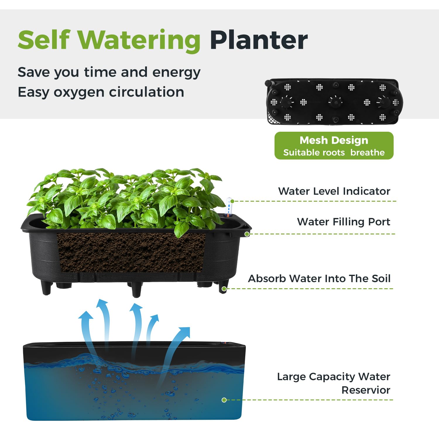 Set van 2 rechthoekige zelfbewaterende plantenbakken 39,6 x 13,7 cm vensterbank plantenbakken rechthoek plantenbak zelfbewaterende potten plastic plantenpotten met drainagegaten zwarte bloempot (zwart