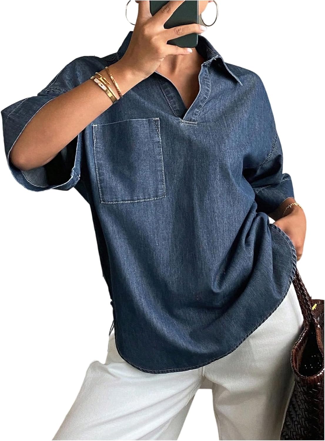 Milumia Women's Short Sleeve Denim Blouse Collar V Neck Oversized Jean Shirt Tops with Pockets