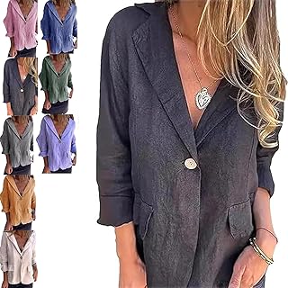 Cotton and Linen Casual Lapel Single-Button Thin Coat, Linen Blazer Women Lightweight 3/4 Sleeve Summer Lapel - Buy now