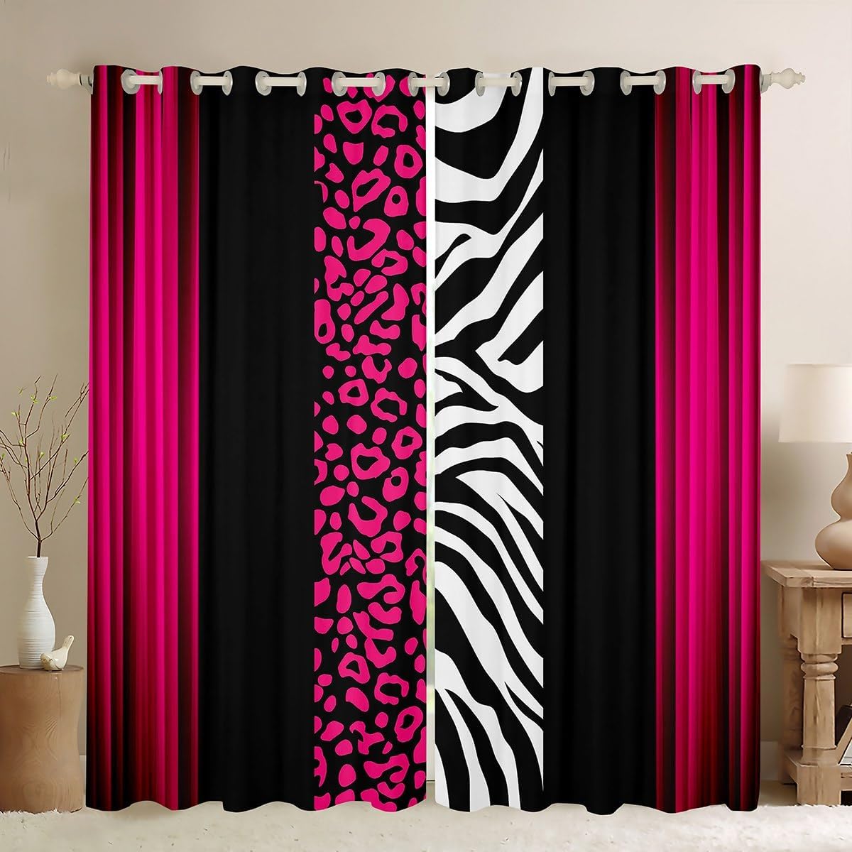 Feelyou Kids Leopard Zebra Curtains for Bedroom Living Room (2 Panels, 52 x 90 Inch) Ombre Hot Pink Black Darkening Dreapes Teens Decor Cheetah Blackout Curtains Animal Print Window Treatments