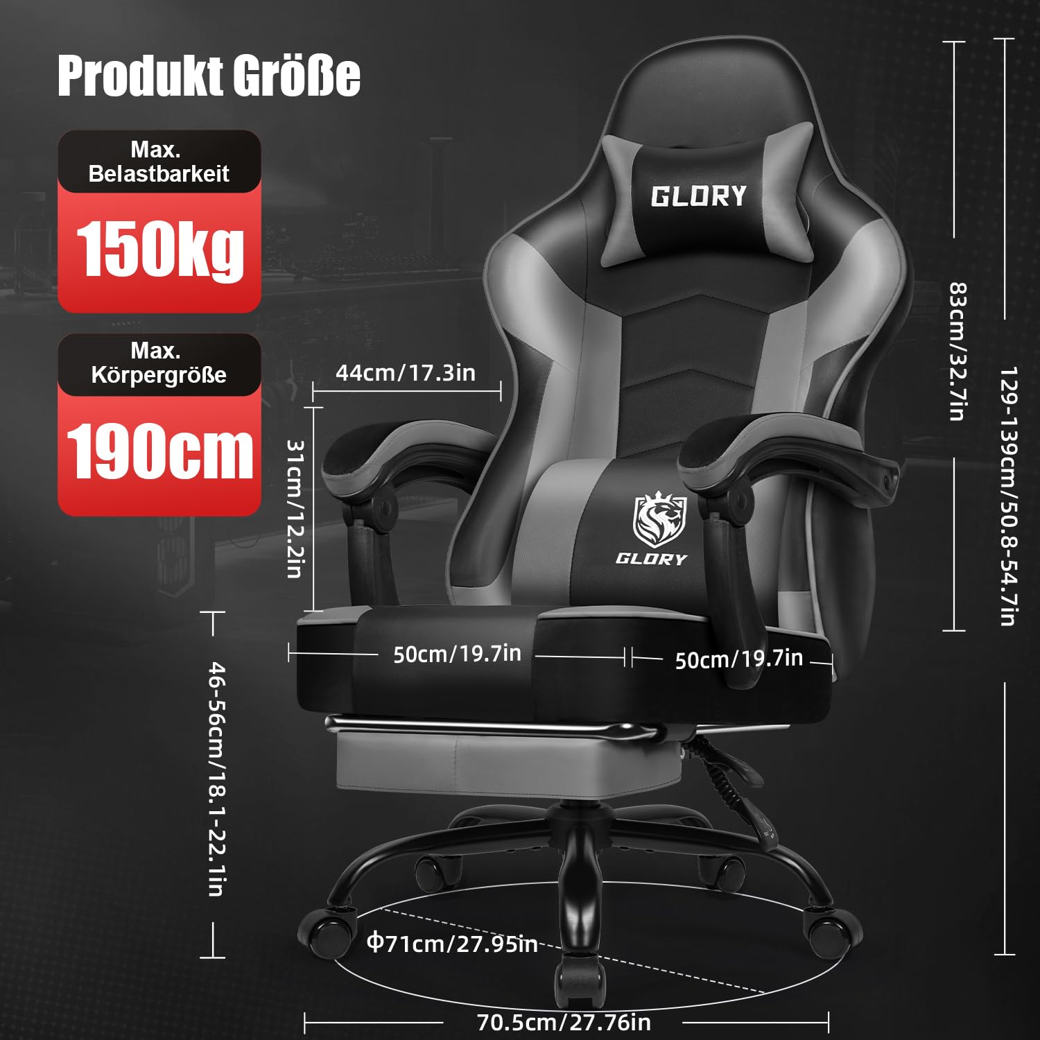 Gaming Stuhl Ergonomischer mit Fußstütze, Gaming Chair 150 kg Belastbarkeit, Gamer Stuhl aus Kunstleder, Höhenverstellbarer PC Zockerstuhl Bürostuhl für Jugendliche Erwachsene, Grau