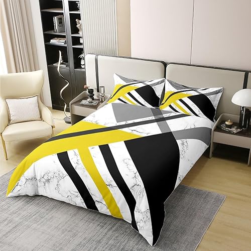 Miniatura 2 de Erosebridal Juego de funda de edredón geométrica de 100 % algodón para adolescentes, tamaño matrimonial, amarillo, gris, negro, geométrico, para