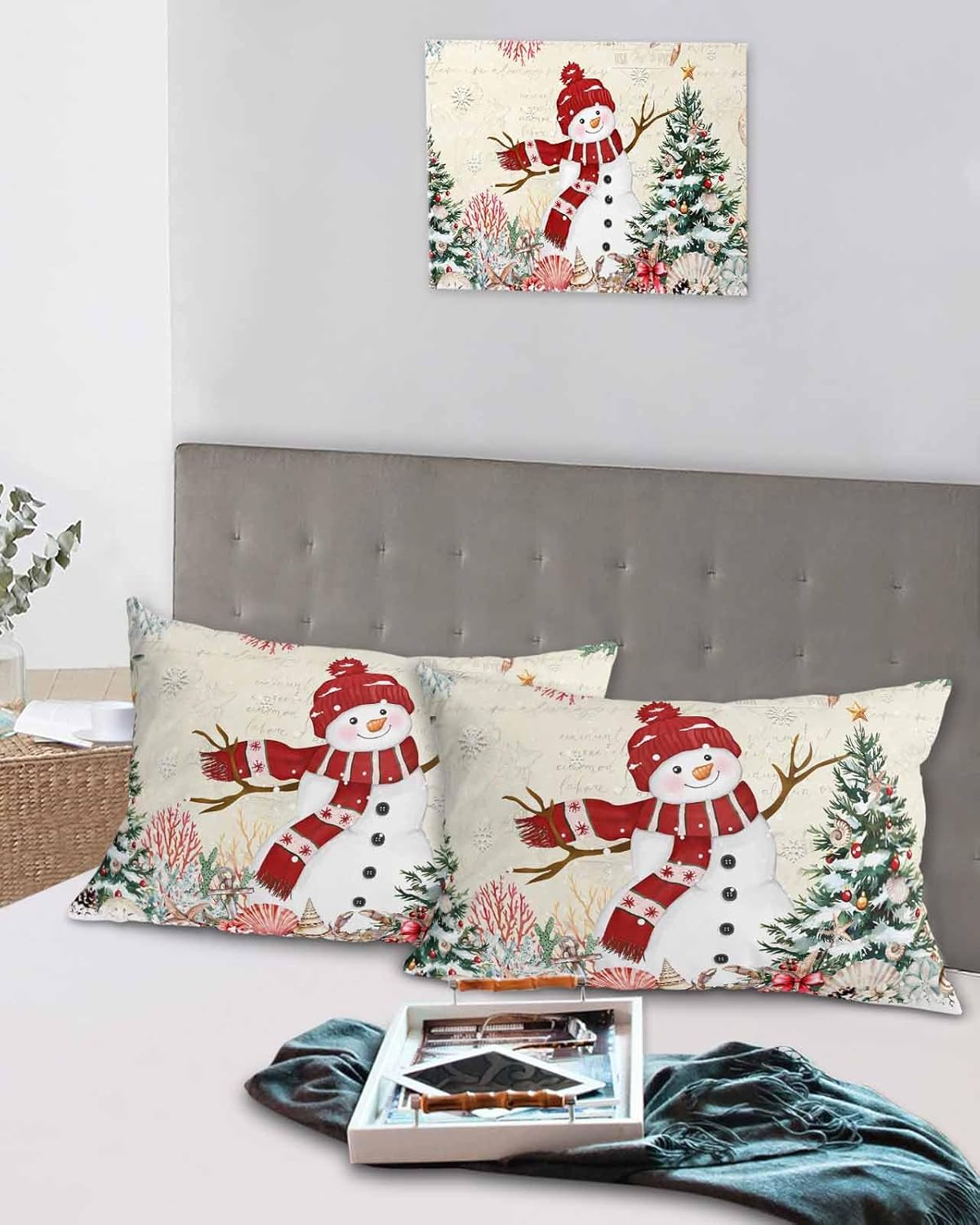 DecorLovee Coastal Christmas Pillow Cases Standard Size Set of 2, Snowman Xmas Tree Microfiber Bed Throw Pillow Covers, Rustic Starfish Decorative Lumbar Pillow Cover with Envelope Closure 20"x26"