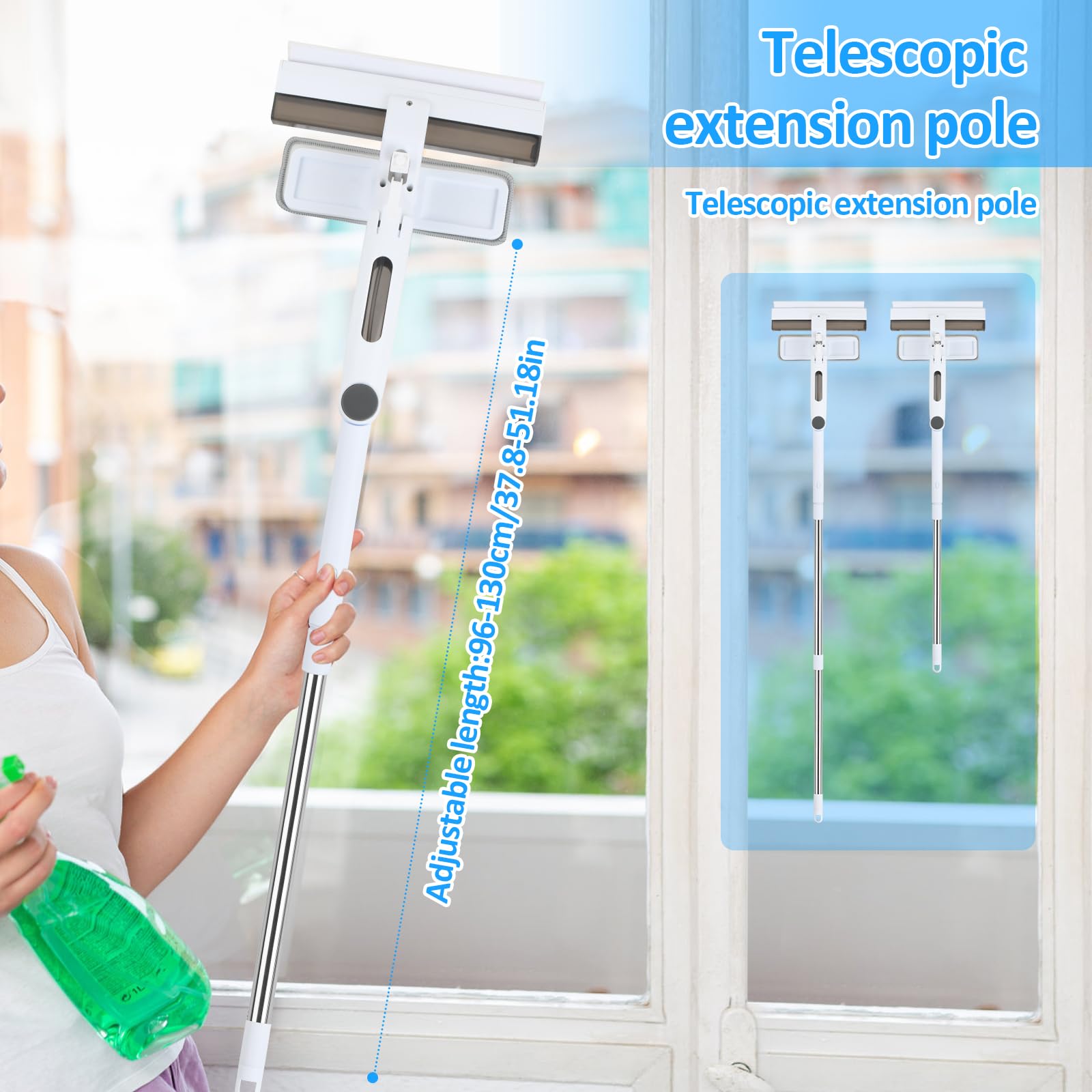 Telescopico Lava Vetri Finestre – Spazzola con Spray e Vaschetta Raccogli Acqua Integrata, Lavavetri Professionale in Silicone con 5 Panni in Microfibra
