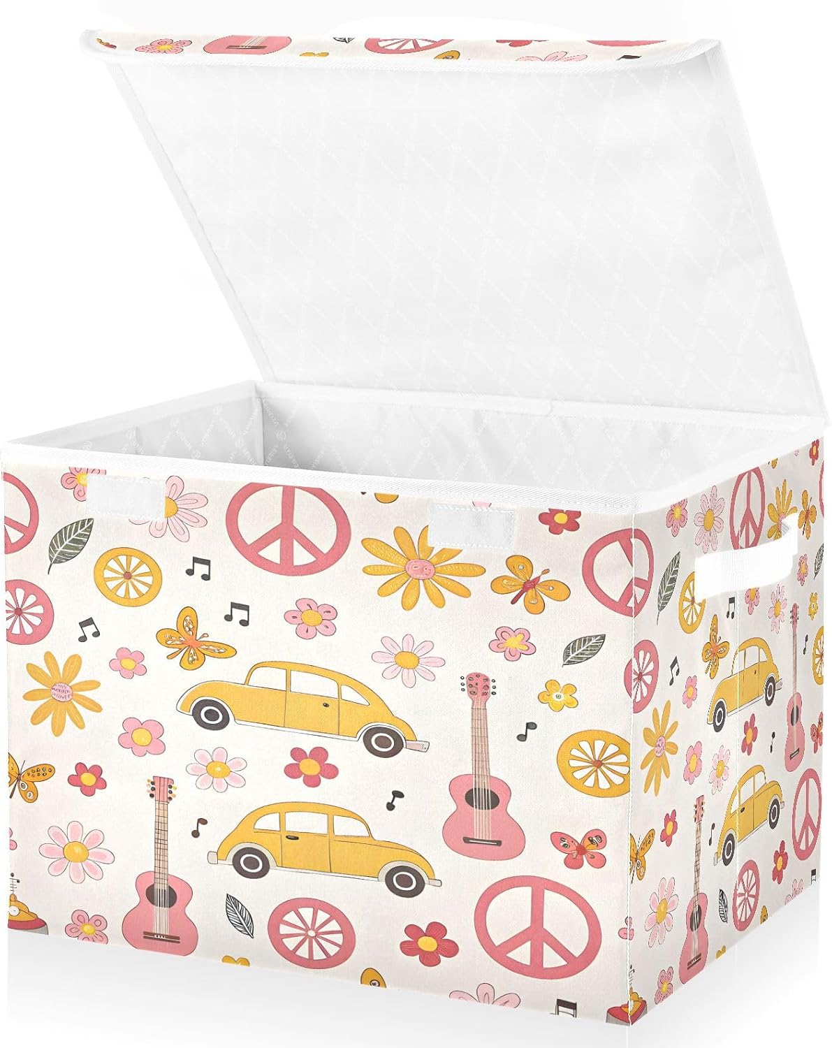 Music Guitar Peace Art Foldable Storage Box with Lids, Stackable Oxford Fabric Cube Organizer Basket with Handles for Bedroom Closet Office Home Decor