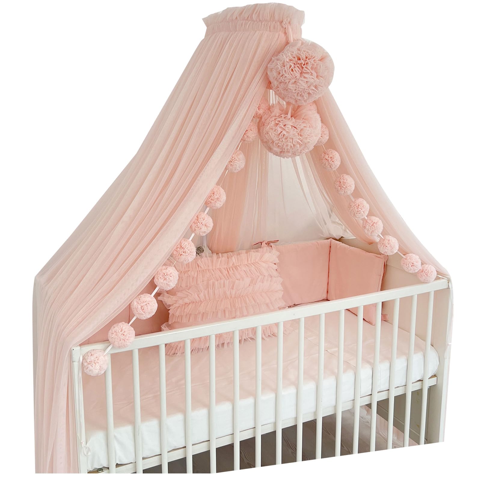 Wróżka baldachim do łóżeczka dziecięcego, wisząca zasłona, baldachim księżniczki, moskitiera do pokoju dziecięcego (BABY PINK, MINI POMPOMS + Z metalowym uchwytem)