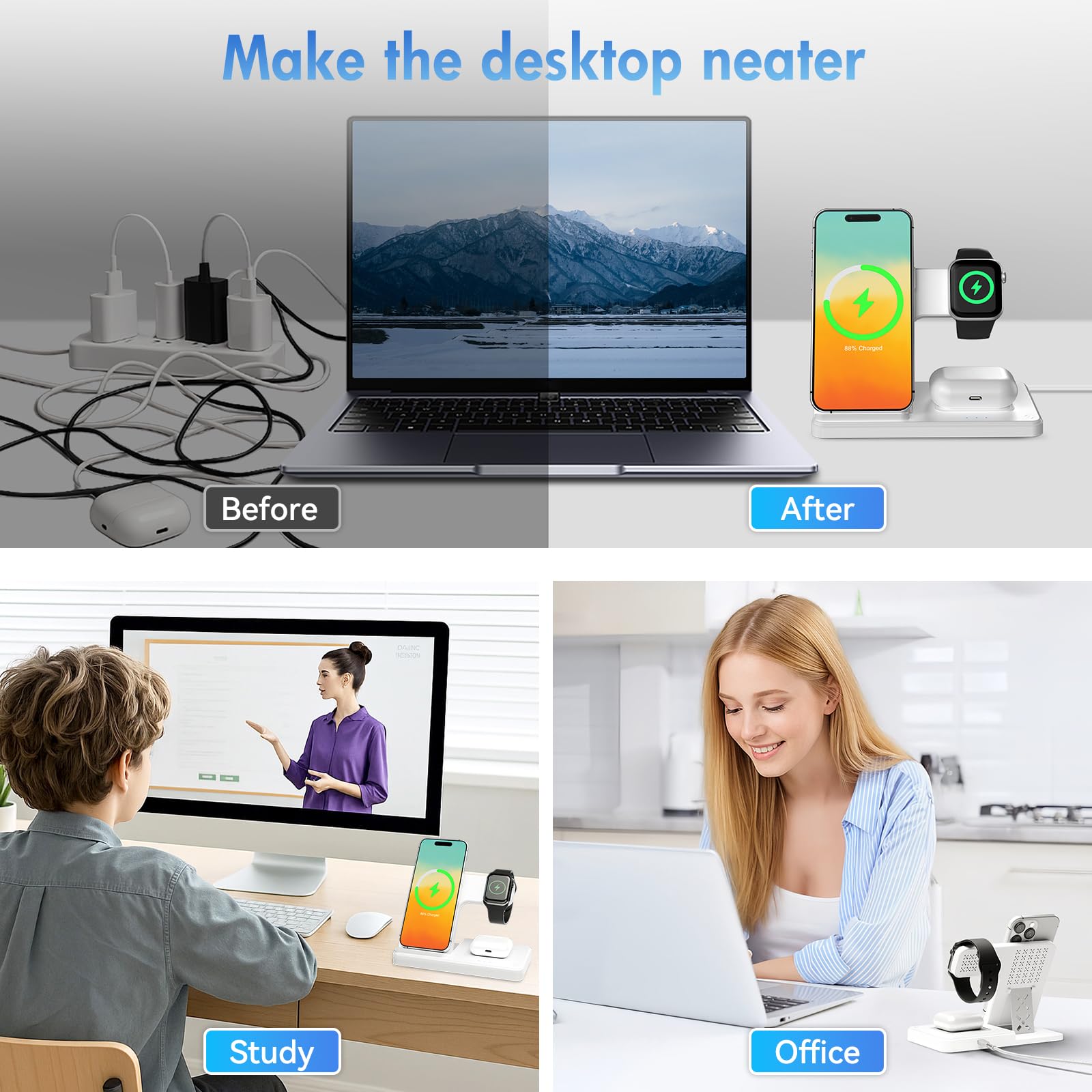 3 in 1 Wireless Charging Station for iphone Fast Wireless Charger Stand for Apple Watch, for Airpods Pro 4 3 2, for iphone 17/16/15/14/13/12/11/8/XS/XR/X/SE(No Plug Included) (White) — view 6