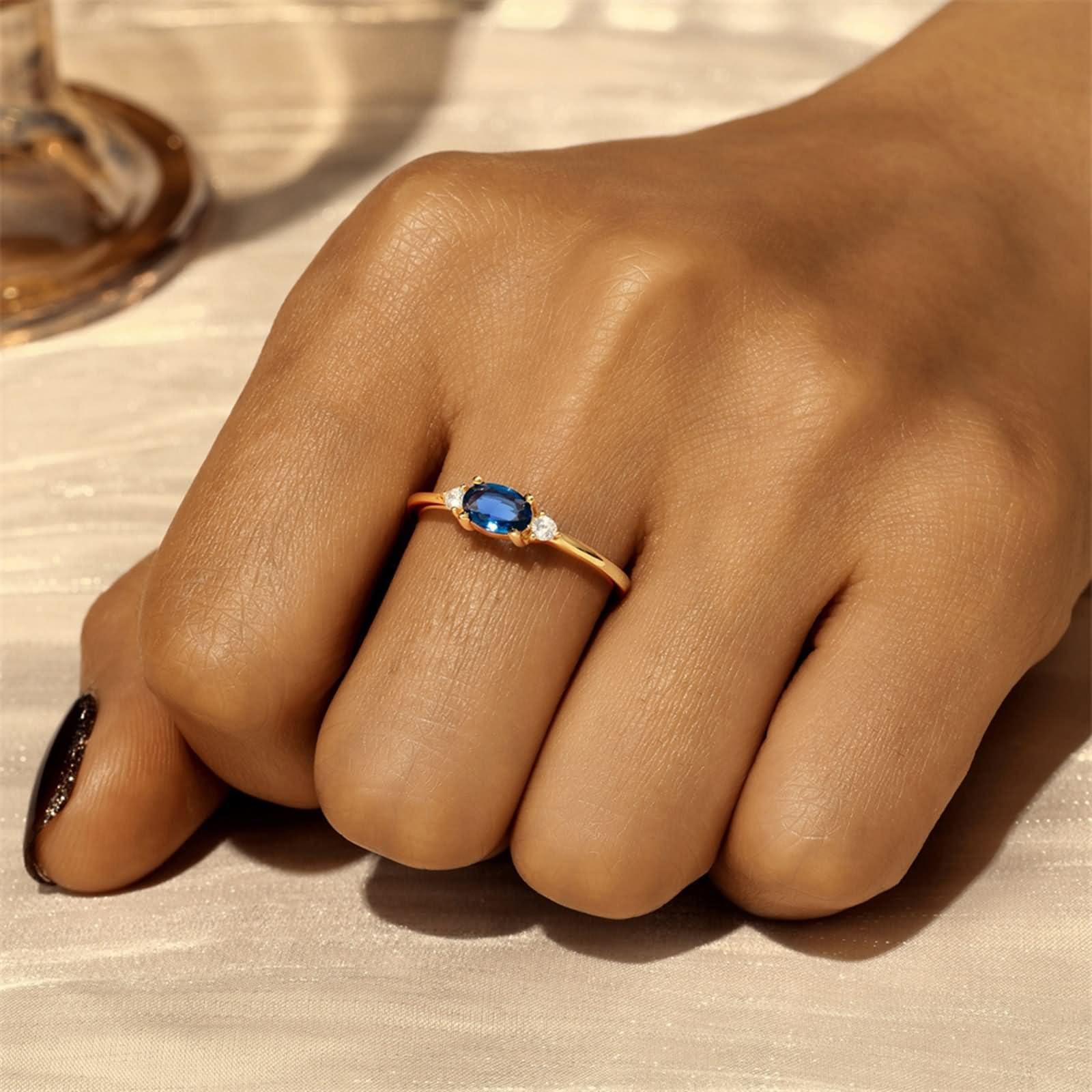 Anillos para mujer delgados, anillos de joyería para mujer, anillo abierto ajustable con corte ovalado azul en laboratorio, zafiro oro amarillo