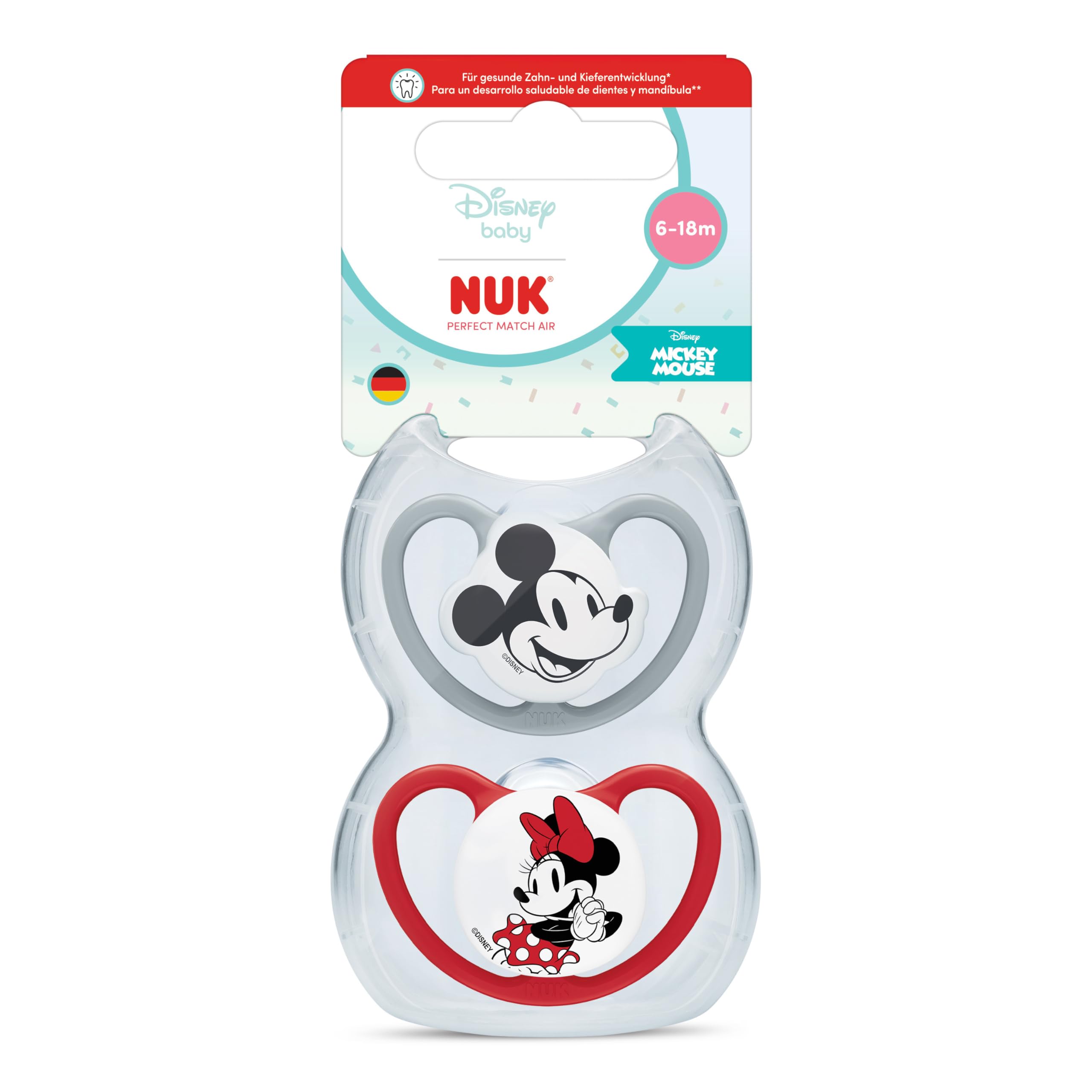 NUK Perfect Match Air Smoczki dla niemowlątwląt | 6-18 m | Ortodontyczne smoczki wspomagające przepływ powietrza i zapobiegające odparzeniom | 95% akceptacji przez dzieci** | Minnie Mouse | 2 sztuki