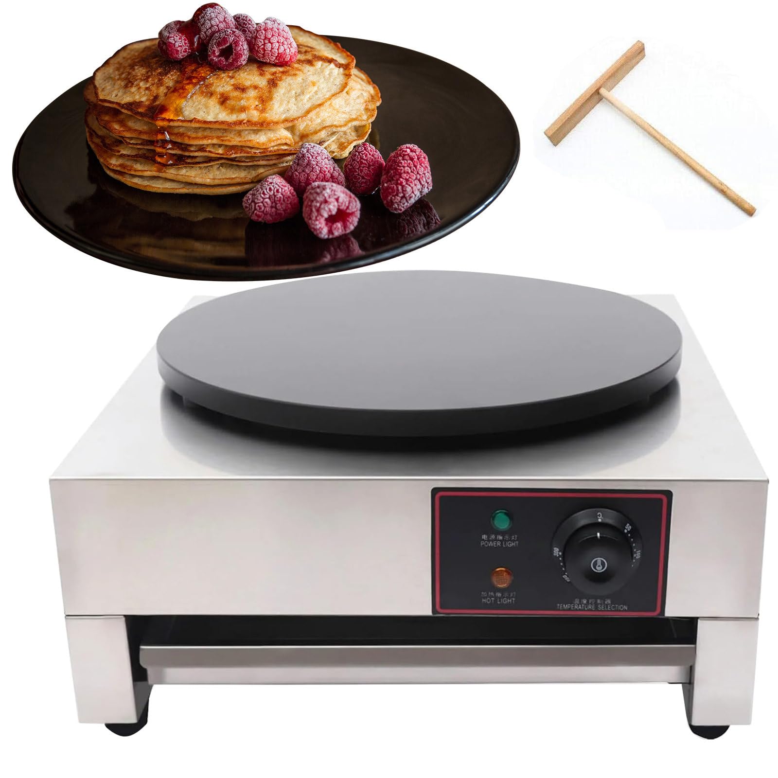 JJENXYYDS Single Head Stainless Steel Pancake Oven,Crepe Maker-Pancake Pan Making Table Stove w/Spatula,Adjustable Temperature with A Drawer Type Warmer,for Blintzes, Eggs, Tortilla
