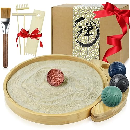 Artcome Jpanese Mini Zen Garden Kit for Desk - Bamboo Sand Tray with 4 Unique Zen Balls & Rake Tools - Relaxation and Meditation Sand Garden for Office, Home & Mindfulness Therapy - Ideal for Gift