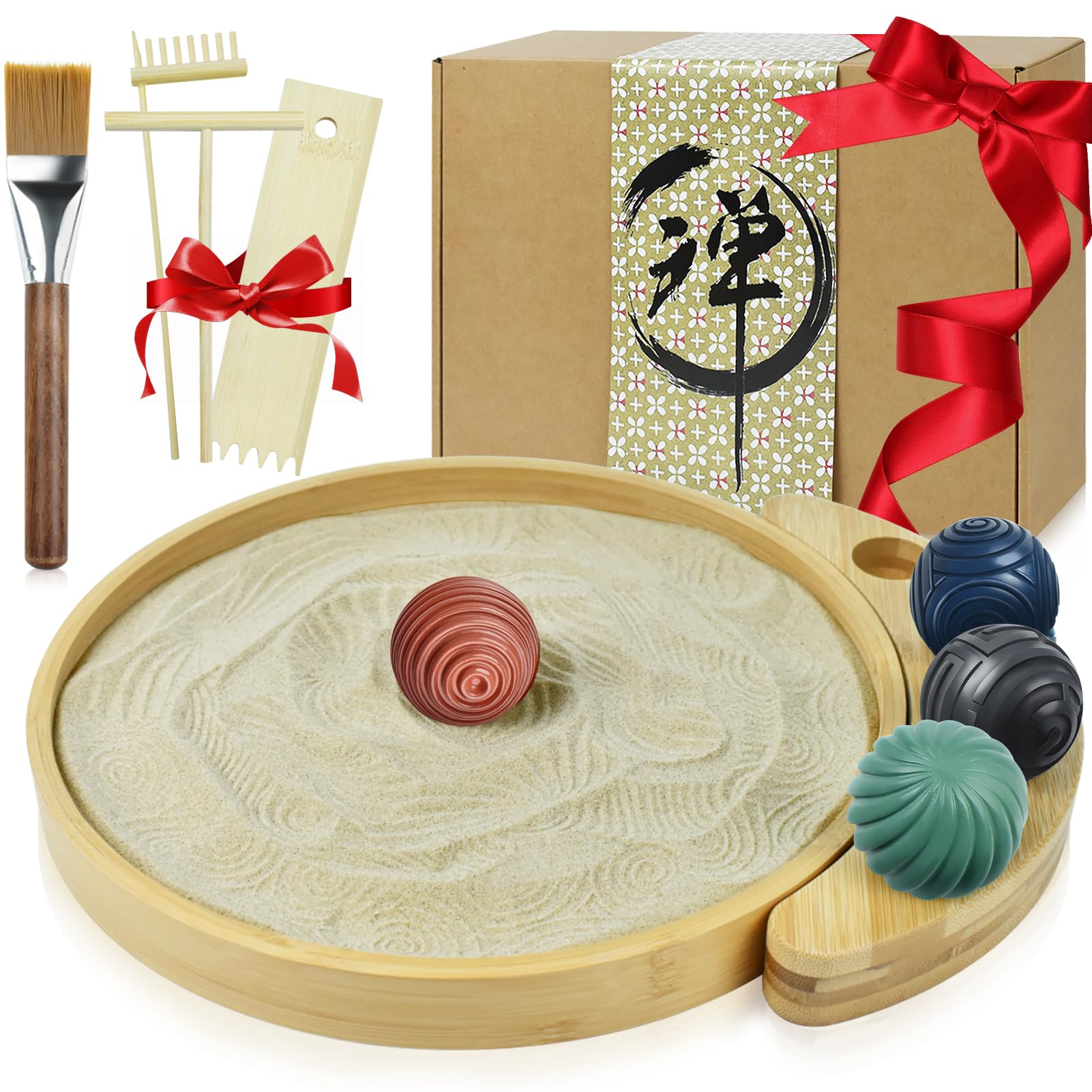 Artcome Jpanese Mini Kit de jardín Zen para Escritorio, Bandeja de Arena de bambú con 4 Bolas Zen únicas y Herramientas de rastrillo, jardín de Arena de relajación y meditación para Oficina, hogar y