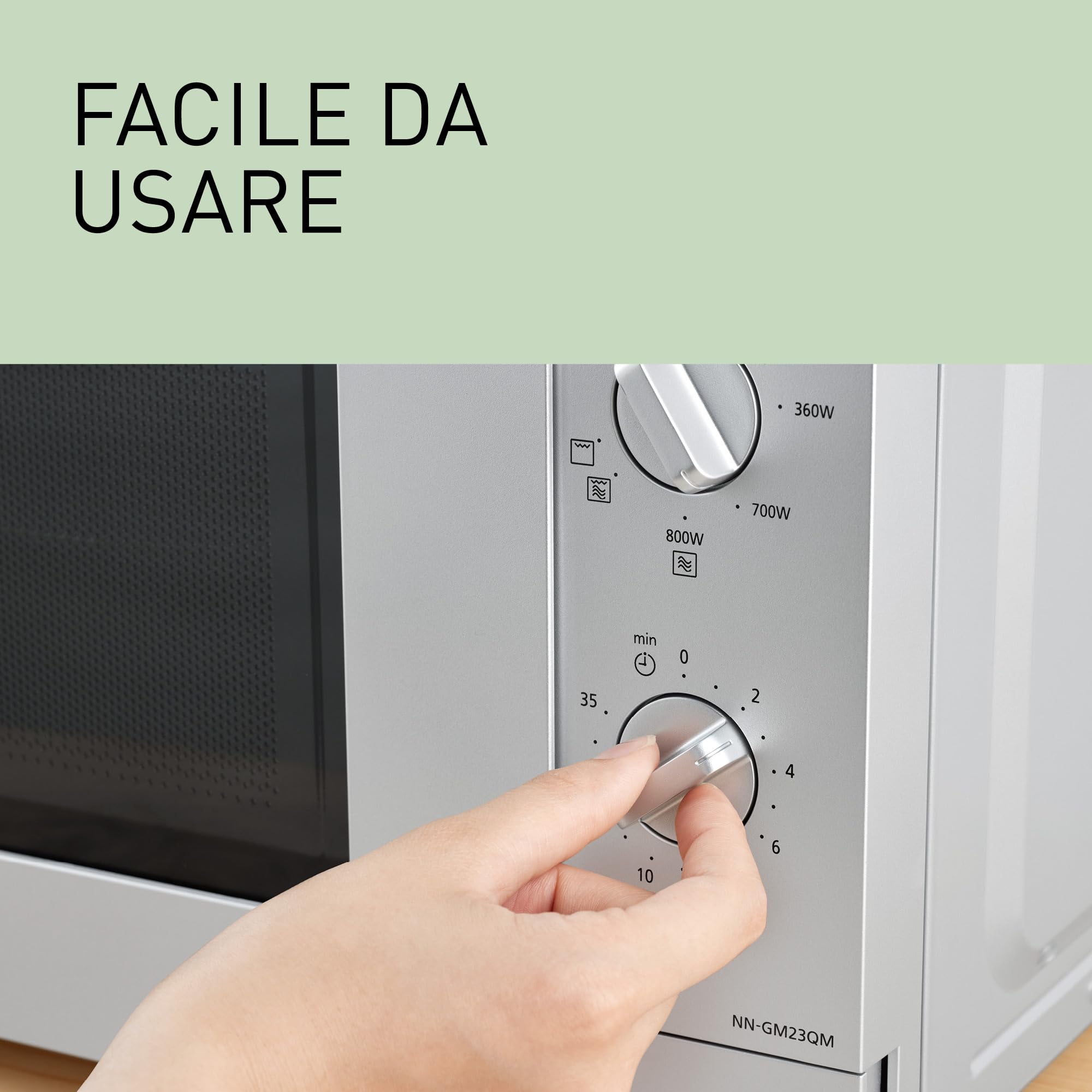 Panasonic NN-GM23QMEPG Forno a Microonde Grill 20L con Piatto in Vetro e Griglia Metallica, 800W, Grill 1000W, Impostazione Scongelamento, Controllo Dial, Quick 30, Timer, Argento