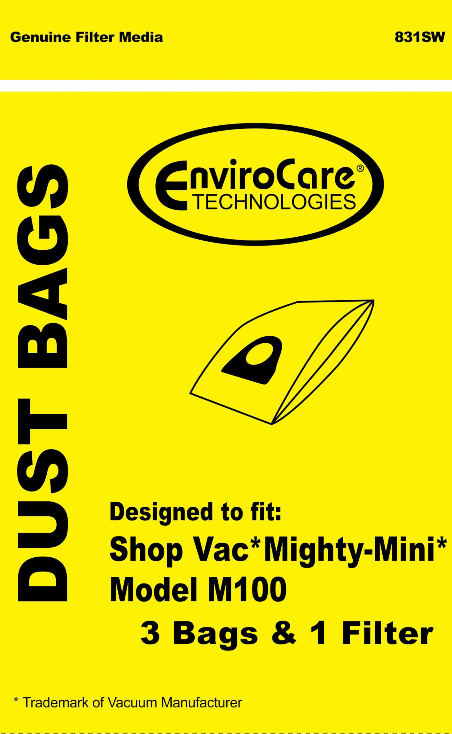 EnviroCare Replacement Vacuum Cleaner bags designed to fit Shop Vac Mighty Mini performance plus vacuums 3 bags and 1 filter