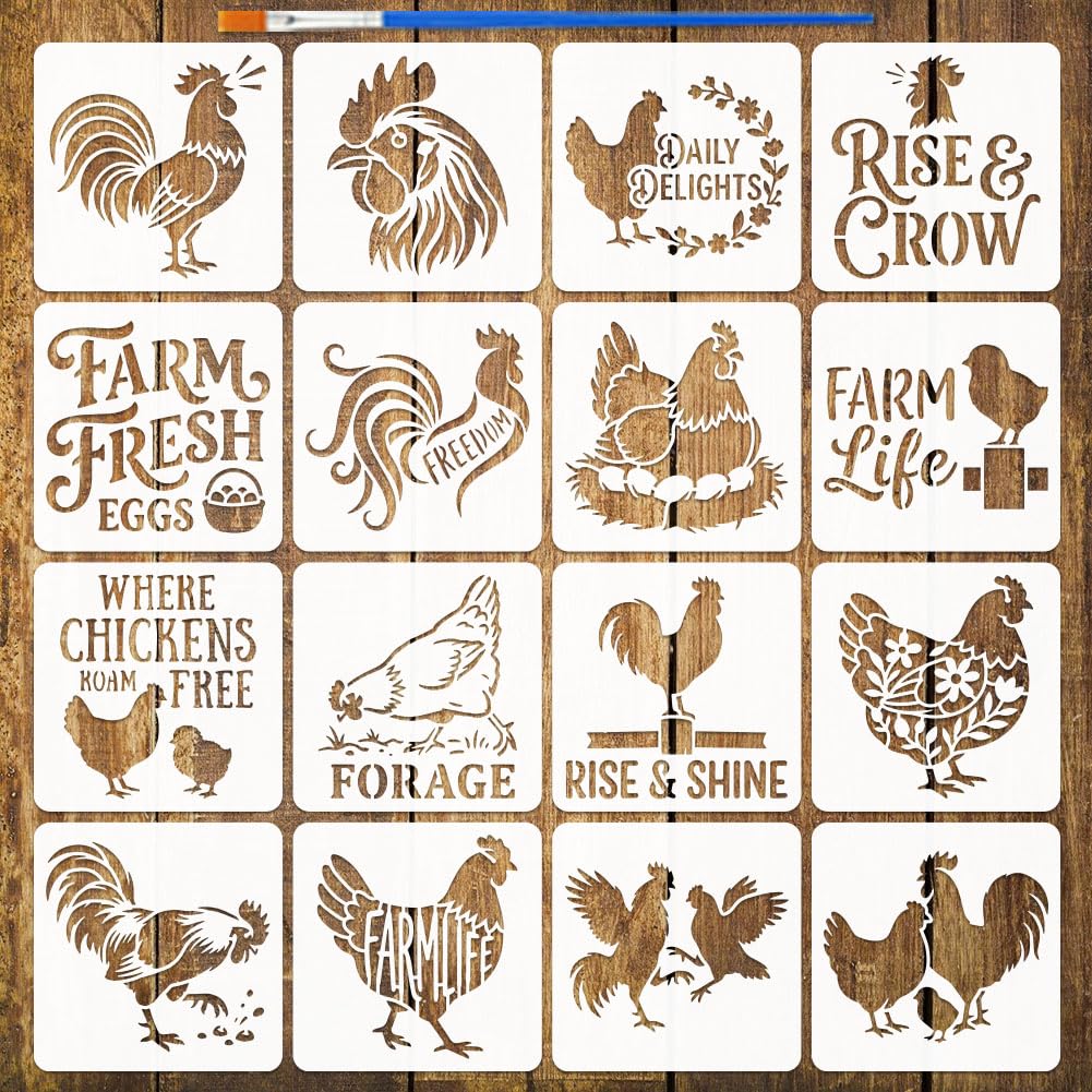 FINGERINSPIRE 16Pcs Chicken Patterns Stencils with a Brush 150x150mm Farm Life Painting Stencils Farm Fresh Eggs Stencil Rooster Hen Stencil PET Farm Themes Template for Wood Floor Tile Wall DIY