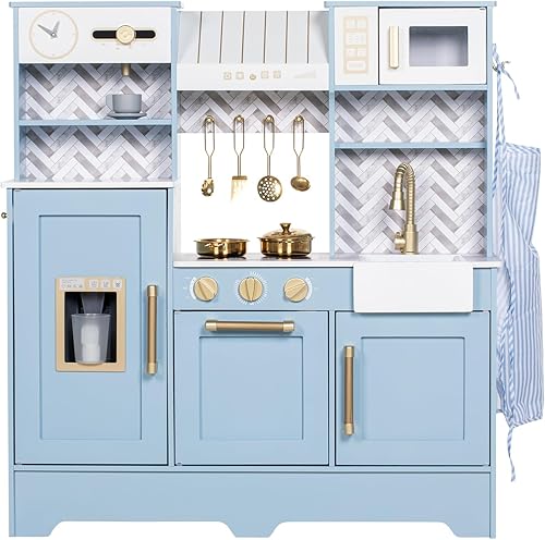 Miniatura 8 de Juego de cocina para niños, juego de cocina de madera para niños con cafetera, horno, estufa, fregadero, delantal, máquina de hielo, utensilios de