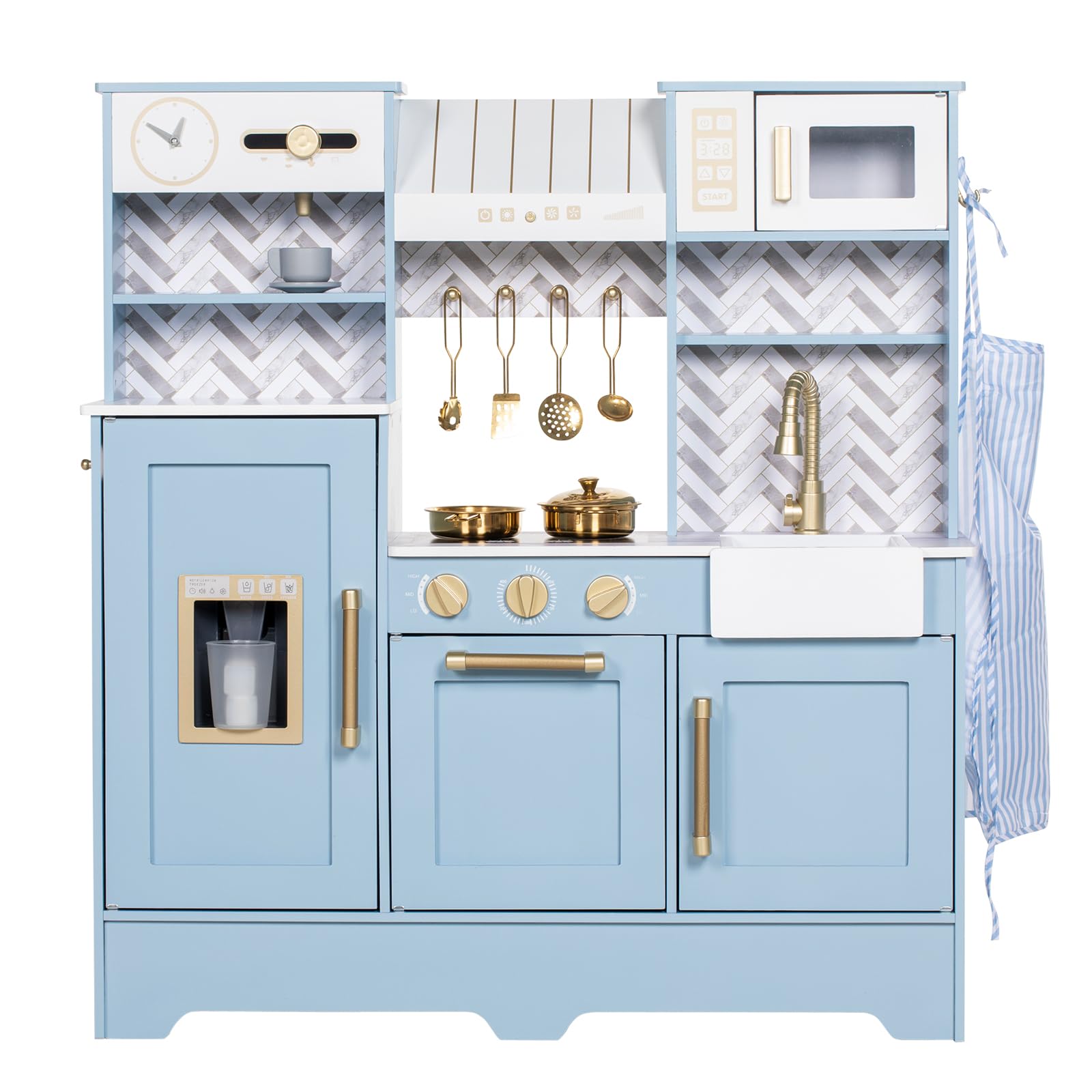 BRINJOY Cucina per bambini, in legno, set da cucina con tende, macchina da caffè, scaffalatura, fornello, lavandino, stoviglie, luce e suono, regalo per ragazze e ragazzi (blu)