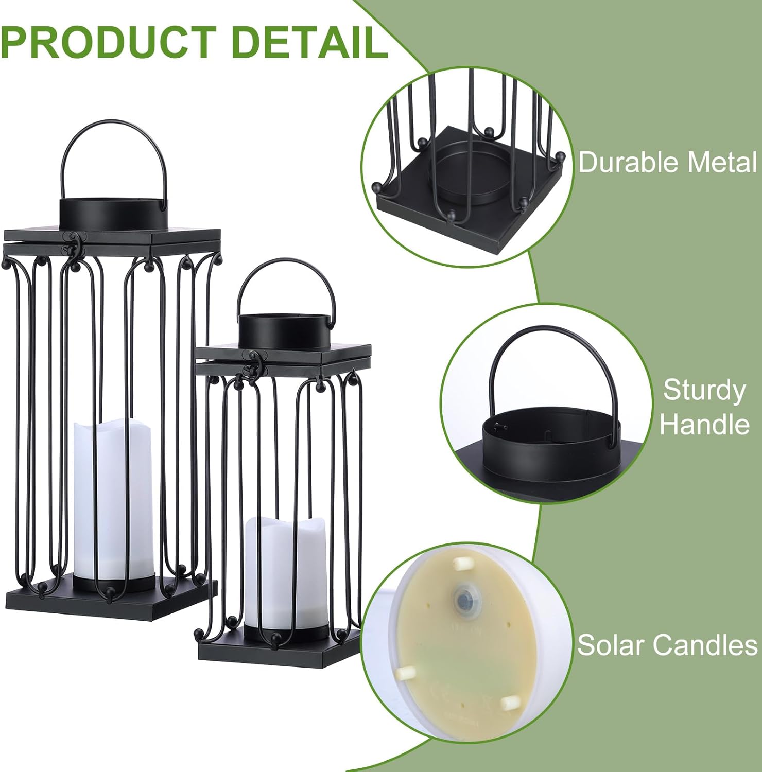 Solar Lantern Decorative Outdoor Set of 2 (18’’ & 15’’) Modern Black Metal Lanterns with Solar Candles, Decorative Candle Lanterns for Outdoor Porch, Patio, Garden, Yard Decor
