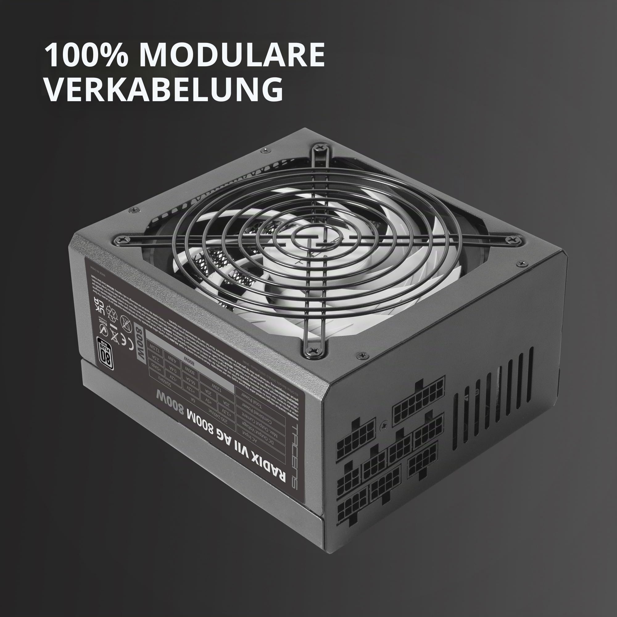 Tacens Radix VII AG 800, Vollmodulares 800W ATX-Netzteil, 10 Jahre Garantie, 80Plus Silver, +87% Wirkungsgrad, 140mm FDB-Lüfter mit AI-RPM Technologie, Japanische-Kondensatoren 105º, Schwarz