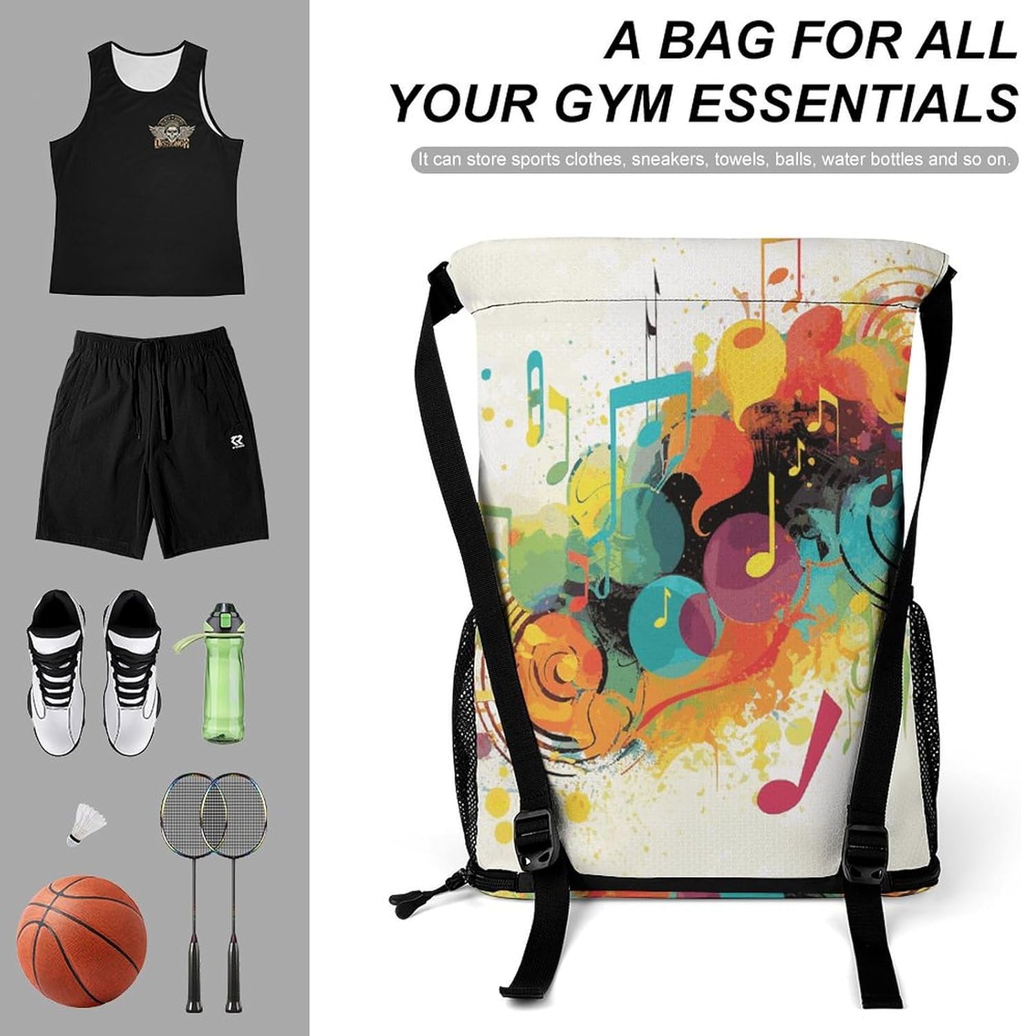 Sports Drawstring Backpack Abstract Music Themed Lightweight Backpack Dry And Wet Separation Large Capacity