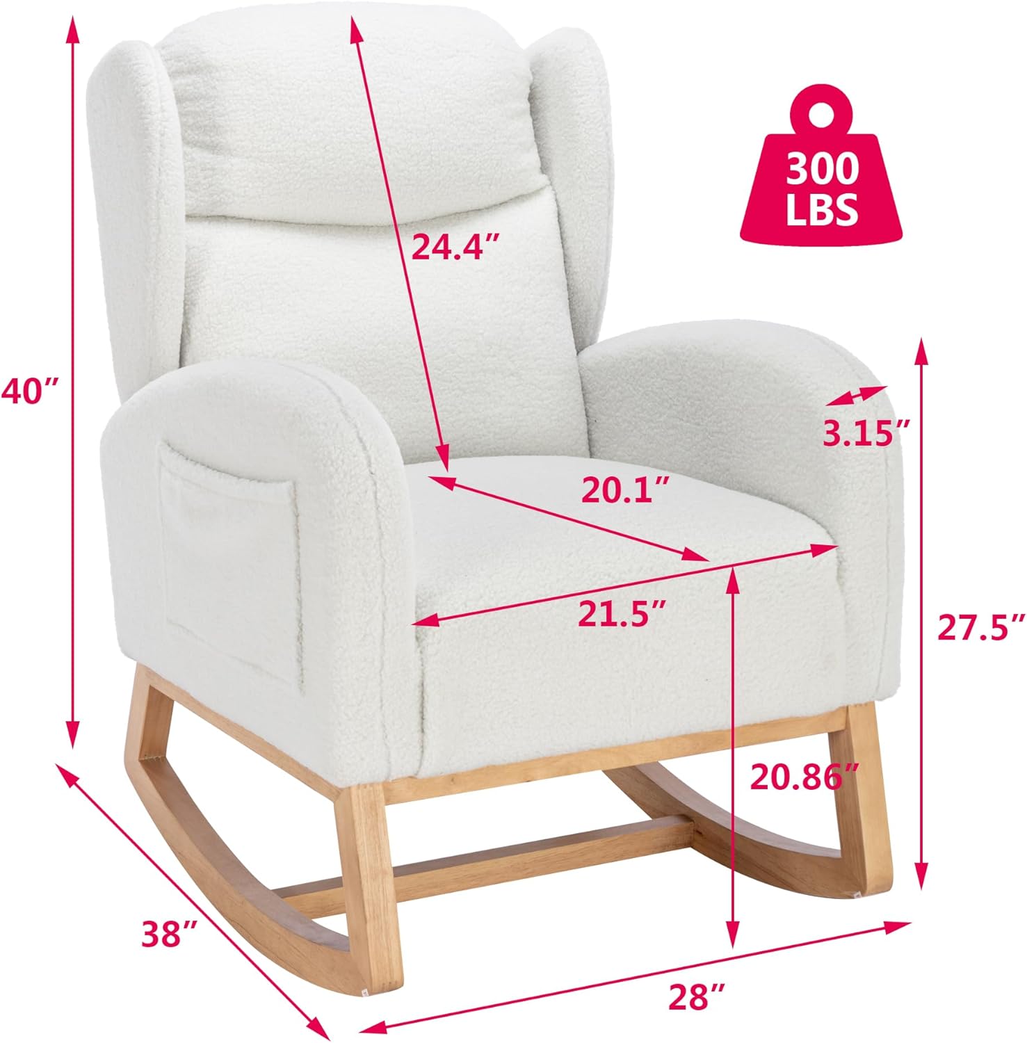 Setawix Teddy Rocking Glider Chair for Nursery,Upholstered Living Room Rocker Arm Chair,Leisure Sherpa Wingback Armchair,Mid Century Modern Rocking Accent Chair with Side Pockets (Wingback Ivory)