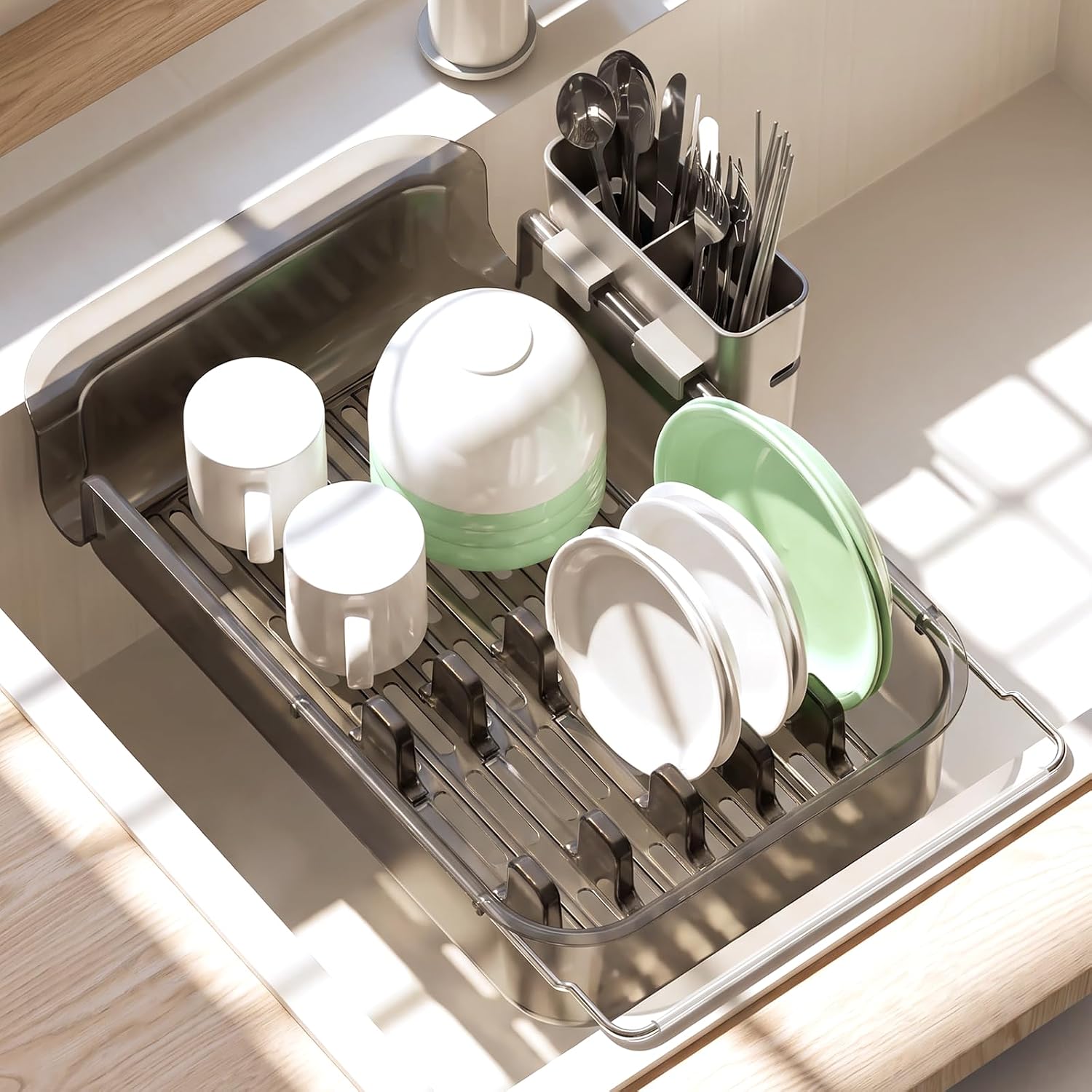 PAVSTINE Expandable Dish Drying Rack in Sink, with Utensil Holder