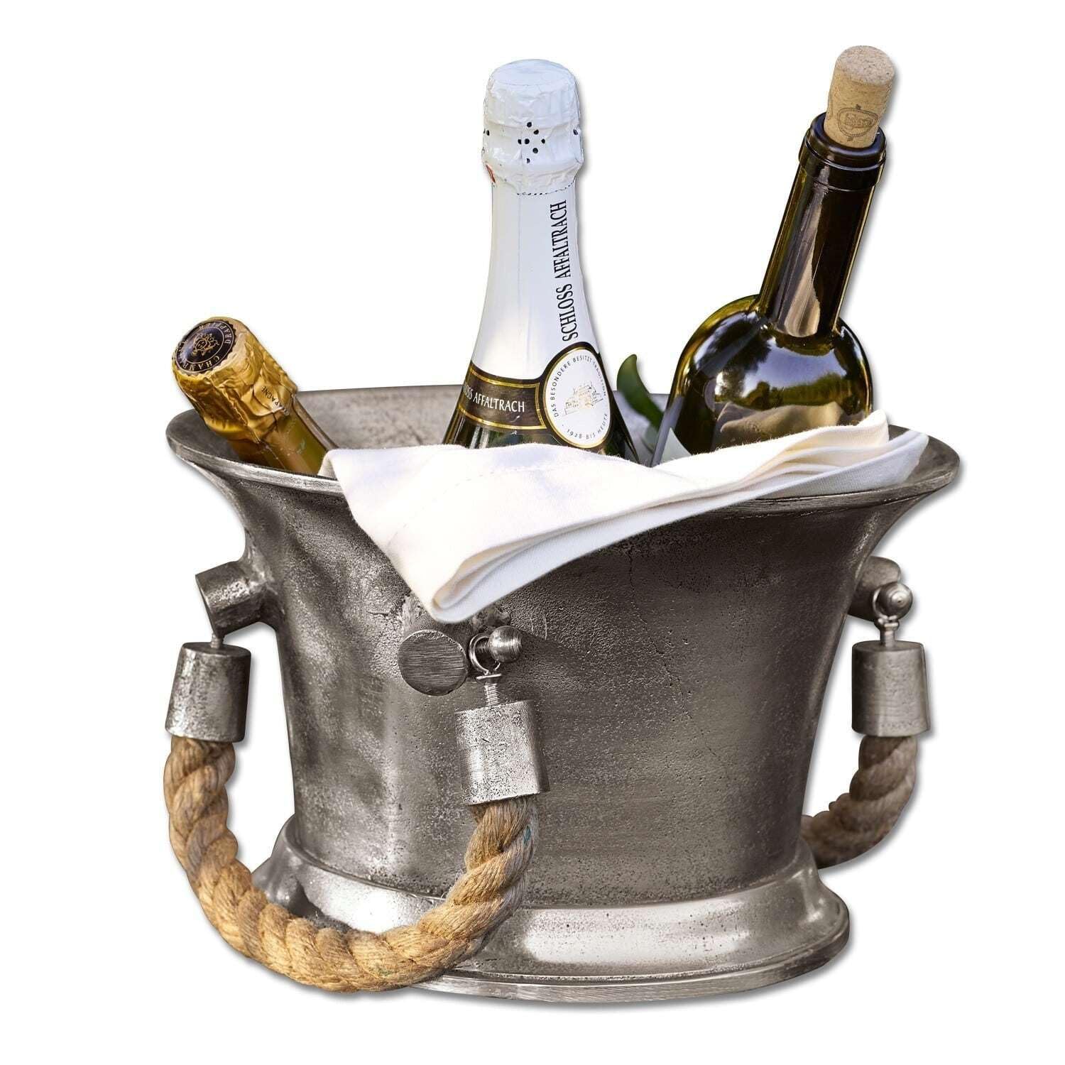 LOBERON Maxwell Seau à champagne - Esprit maritime vintage, finition ancienne - Poignées sur les côtés en corde épaisse, argenté
