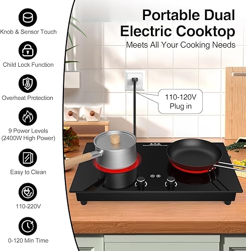 Miniatura 4 de VBGK Cocina eléctrica, estufa eléctrica de 2400 W, encimera y placa caliente integrada con bloqueo de seguridad para niños, temporizador, control de