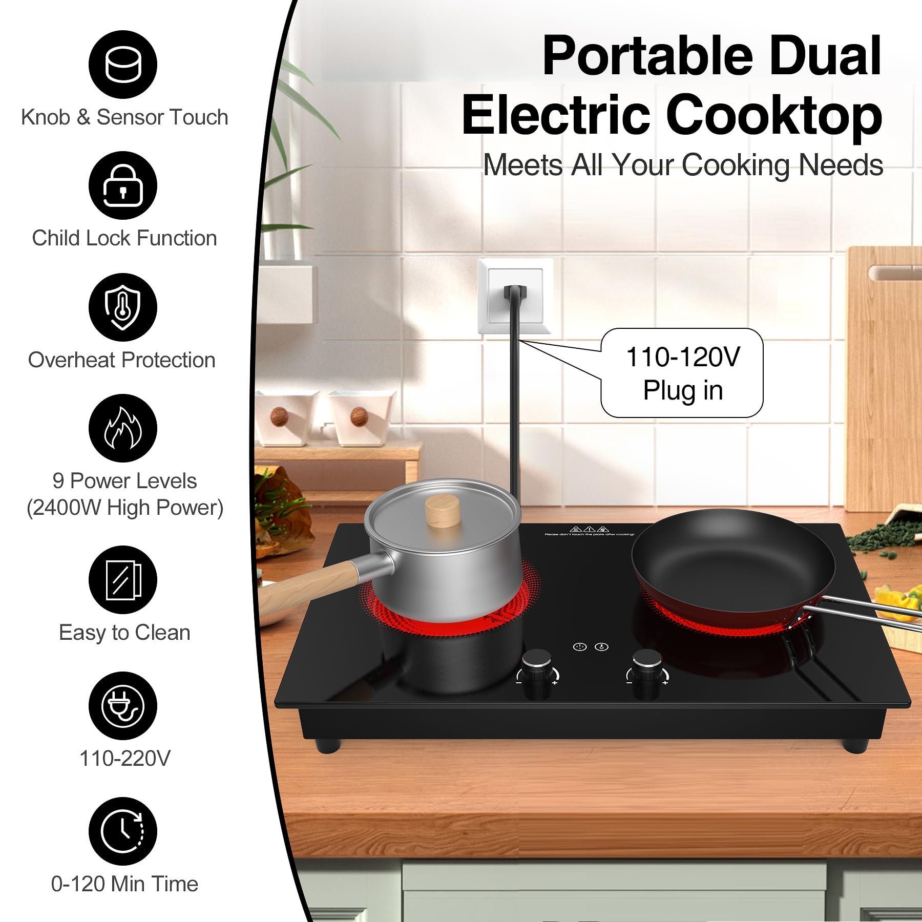 Cocina eléctrica, estufa eléctrica de 2400 W, encimera y placa caliente integrada con bloqueo de seguridad para niños, temporizador, control de perilla táctil LED, protección contra 4