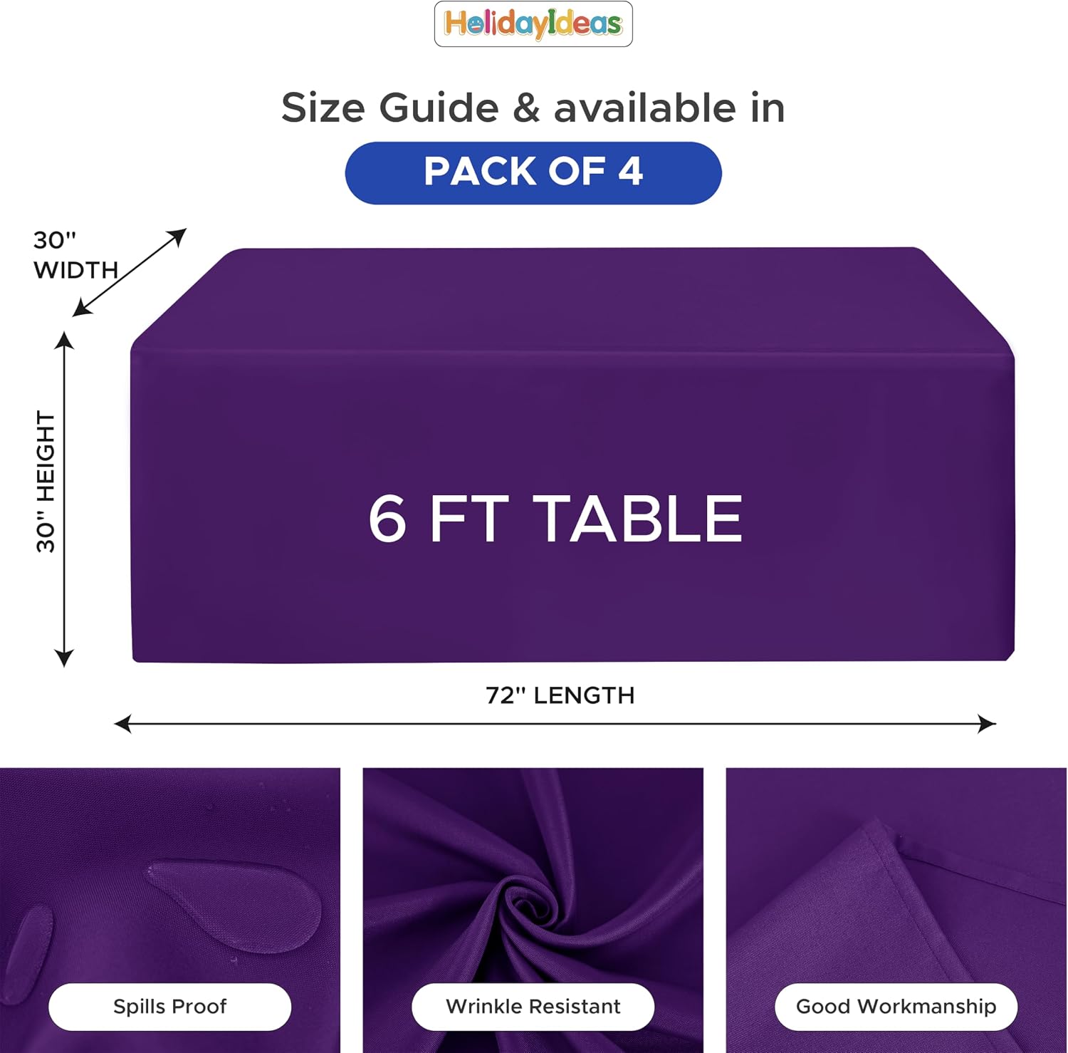  4-Pack 6ft Purple Rectangle Craft Shows Fitted Tablecloth | 4-Sided Coverage Table Cloths for 6 Foot Rectangle Tables For Professional Trade Exhibition Displays Or Vendor Booths thumbnail
