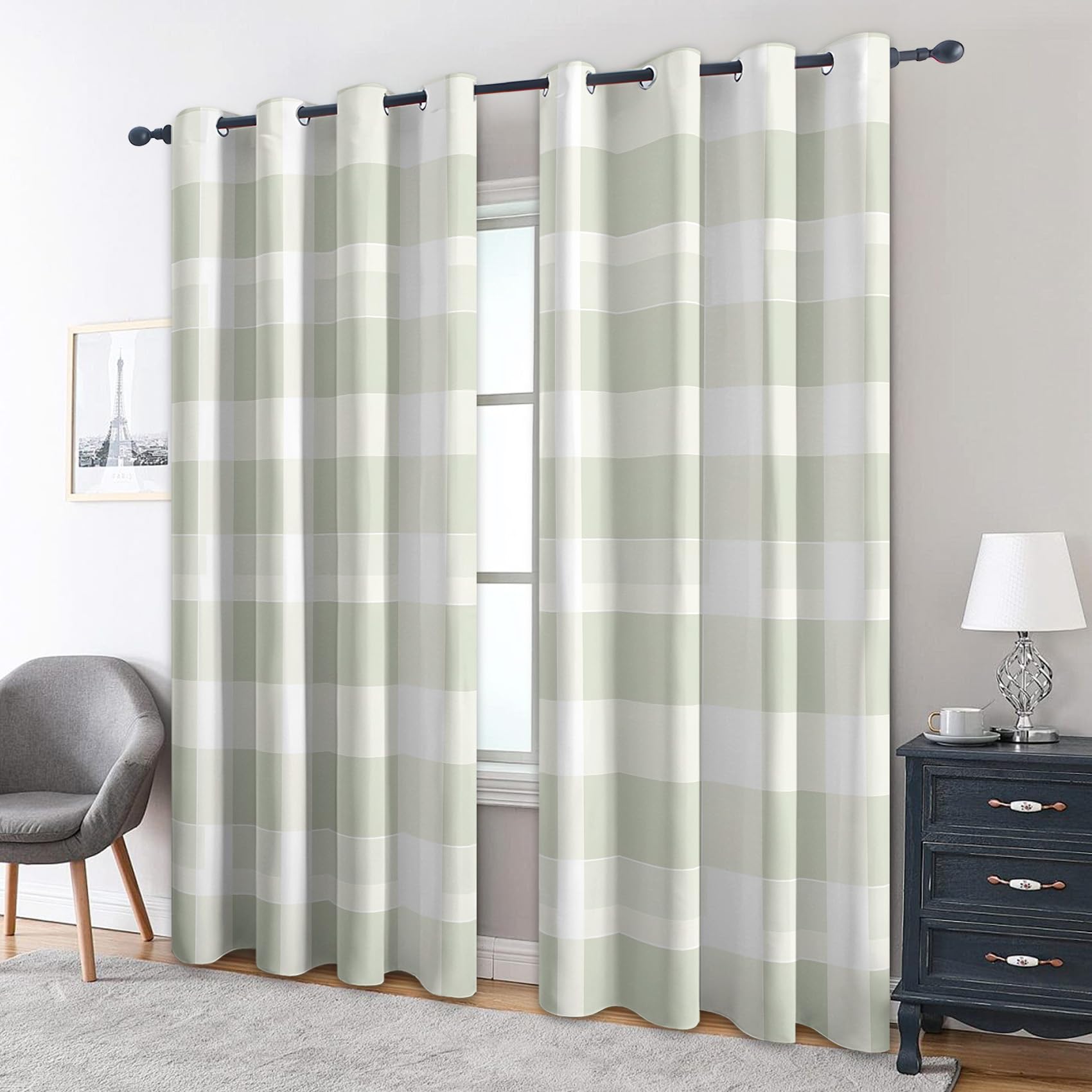 Buffalo Plaid Blackout Curtains Bedroom 66x72, Gingham Modern Green Curtains for Home Decor, Living Room, Thermal Eyelet Patterned Window Drapes, 72 Inch Drop 2 Panels MW49