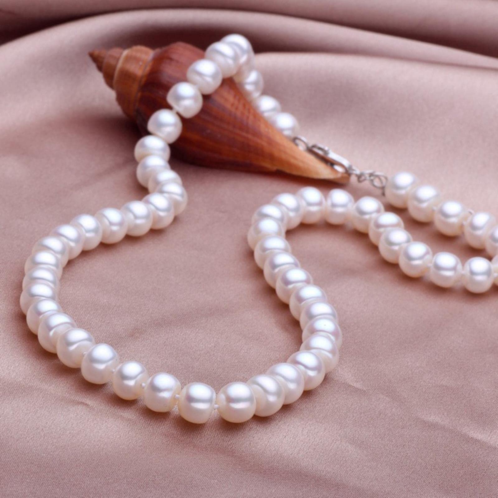 LOKILOKI Collar De Perlas De Agua Dulce Natural Real White 925 Joyas con Hebilla De Plata Esterlina para Mujeres Boda 40cm